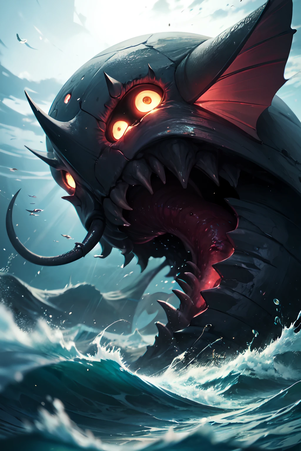 8K, Super detail, ccurate, Best quality, Masterpiece, Super detail, High details, High quality, Best quality, A high resolution,abyssal,terroral,darkly,raiden,Cthulhu,,Biochemical fish,Animal figures,Resident Evil,The body is covered with many eyeballs,Scarred,Black seawater,Recife,swell sea