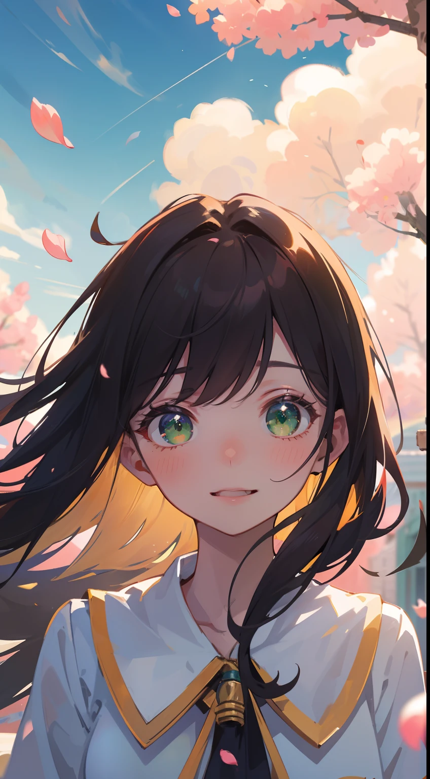 (masterpiece), (best quality), ultra high res, sharp focus, warm pastel tone, ((1 woman, solo)), upper body, dutch shot, beautiful detailed hair, chestnut brown hair, long hair flowing, beautiful detailed face, ((beautiful shape eyes, green eyes)), (happiest face), blushing, perfect feminine face, looking at the viewer, smiles, open lips, beautiful clouds and sky in the evening background, surrounded by petal flowers