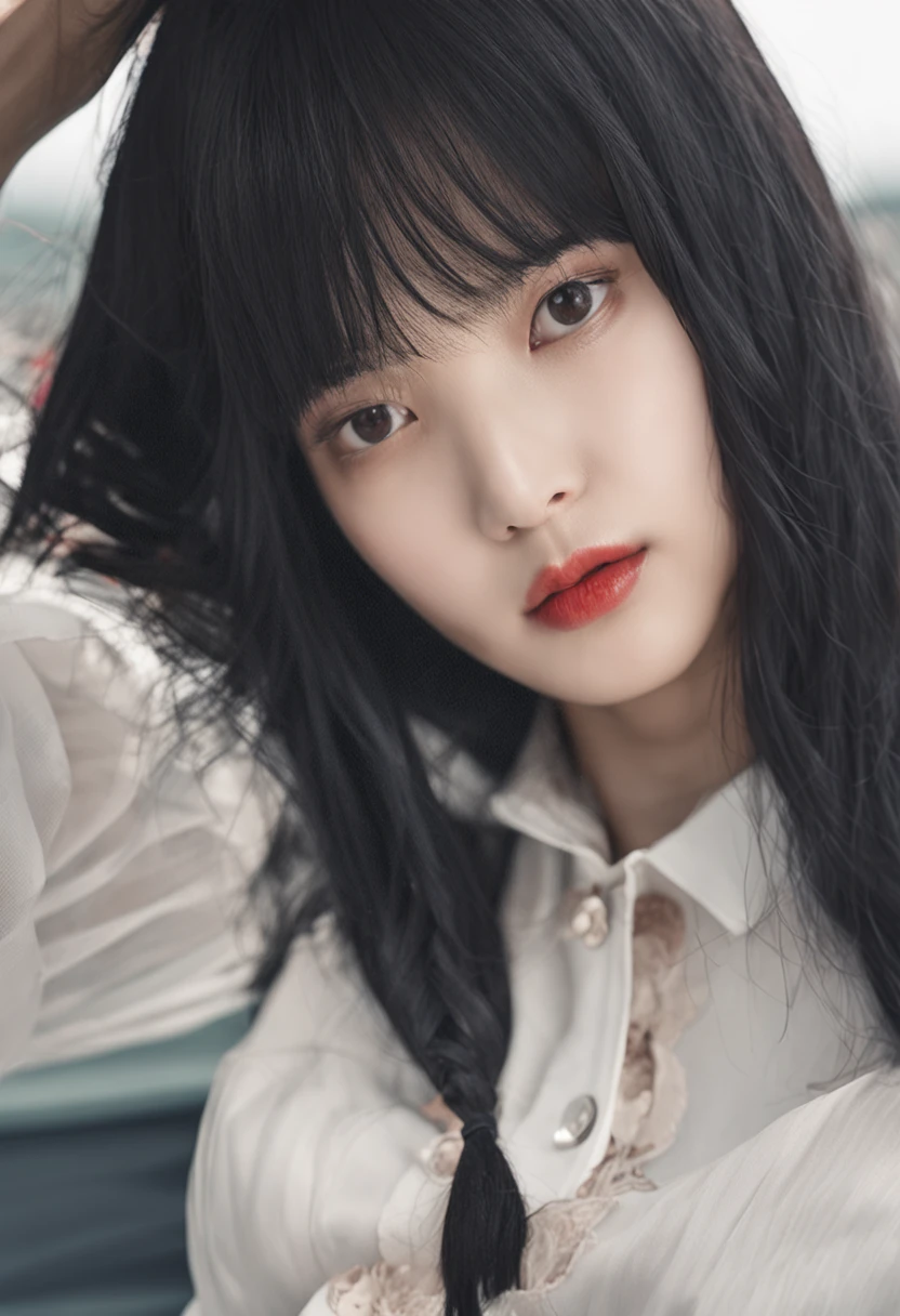 A woman with long black hair sat down, a picture inspired by Ma Yuanyu, reddit, shin hanga, She has black hair,By bangs, With bangs, Shin Jinying, Lee Ji-eun, lee ji eun, jaeyeon nam, with full bangs, Korean girl, Choi Hyun-hwa, center parted bangs, chiho