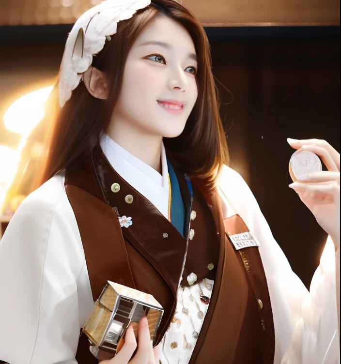 Smiling woman with brown hair holding coin and small box