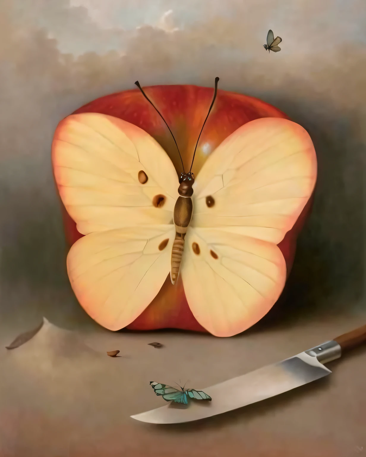 painting of a butterfly inside an apple with a knife on the ground, slicing the air. pop surrealism, by Vladimir Kush, surrealistic painting, masterpiece surrealism, surrealism art, rene magritte. detailed, surrealist art, rene magritte. hyperdetailed, surrealist painting, inspired by Vladimir Kush, surreal art, pop - surrealism