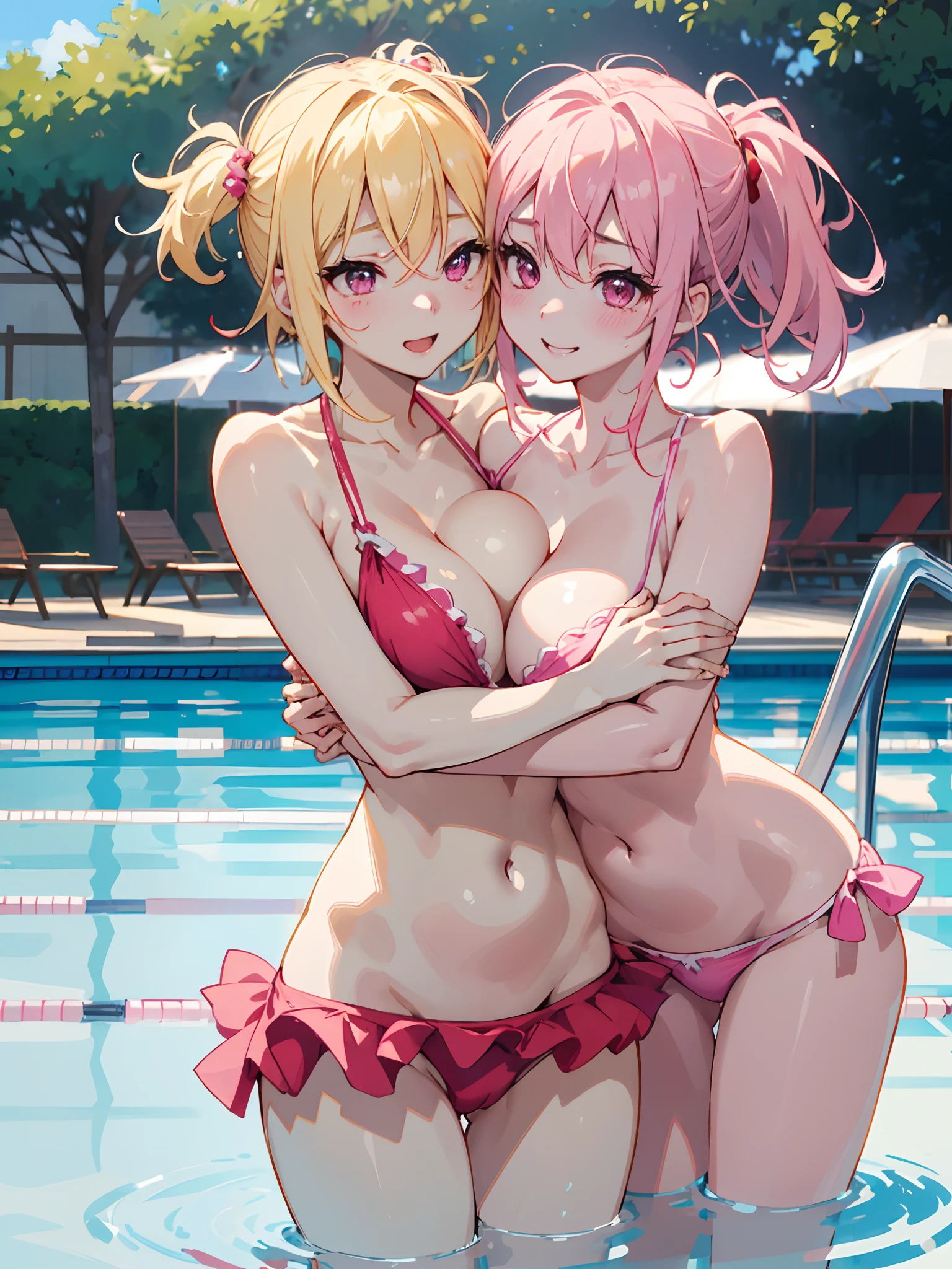 (masuter piece:1.2、top-quality)、(shinny skin)、(2 girls)、((Hug each other as if pushing each other))、、maikurobikini、between breasts、blonde hair、((Chest Hold))、breastsout、cleavage of the breast、鎖骨、verd s eyes、(((Colossal tits)))、Short hair、see the beholder、pink back ground、Pink eyes、((瞳の中に♥️))、Ahe-face、Ecstatic smile、Functional、Opposite chests、Outdoor pool、Resort、beatiful backgrounds、Detailed drawing、Anatomical depiction of the human body、Accurate drawing、high-class sense、bustup、Shot from diagonally below、Perfect Photo、symmetry