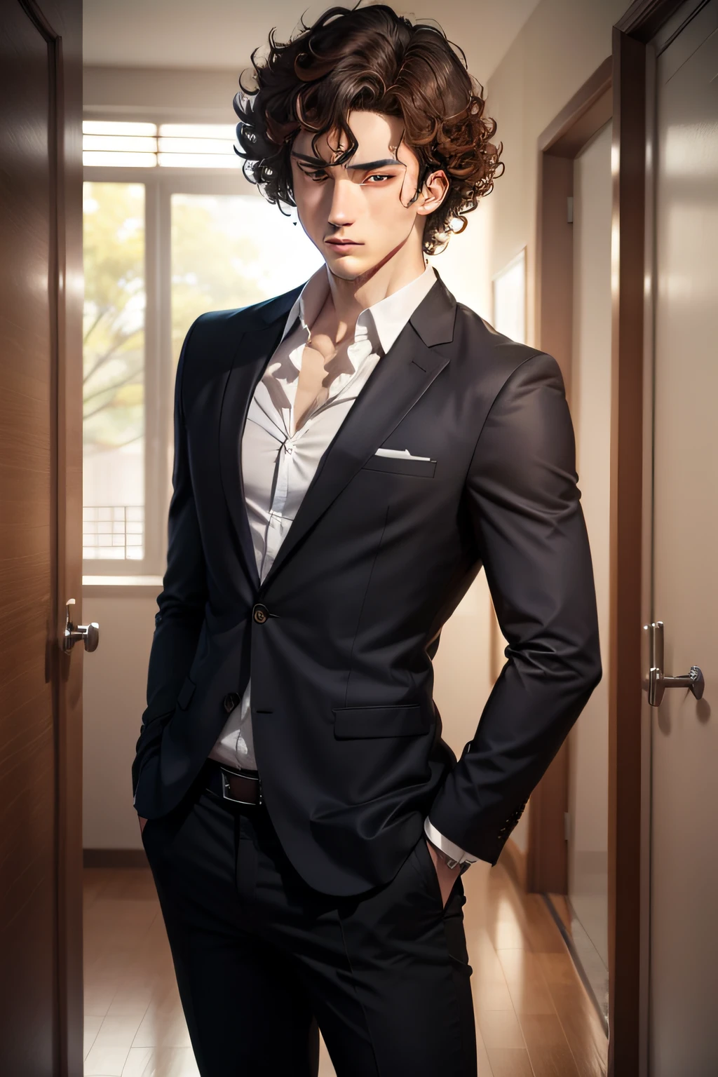 male anime student, quite curly hair, beautiful face, sad eyes, skinny but quite muscular, quite short, wearing blazer, quite gloomy