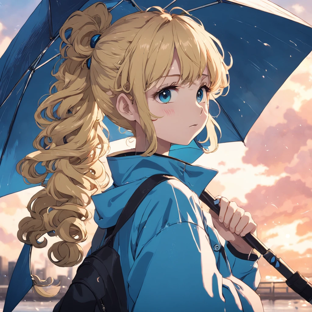 Blonde curly ponytail girl,Blue pupils,Loose outerwear,Portable umbrella,Park waterside