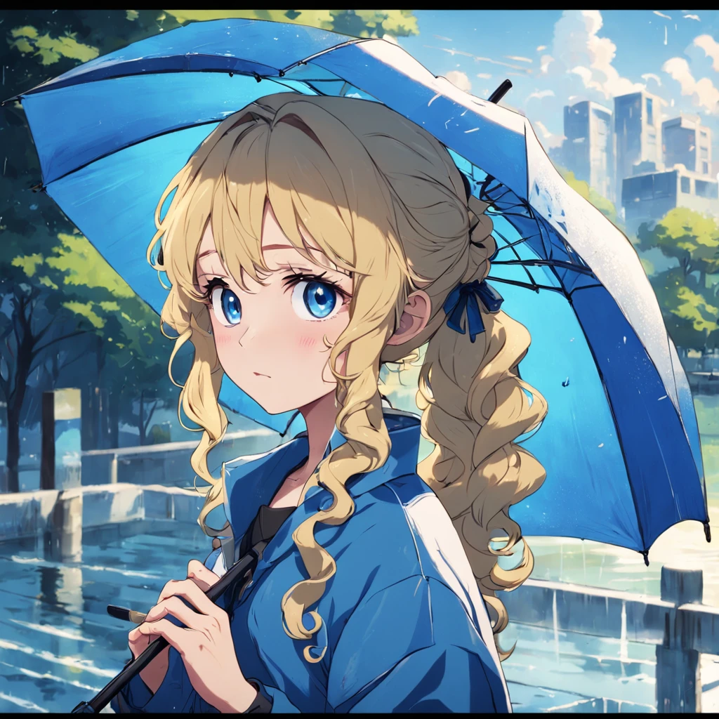 Blonde curly ponytail girl,Blue pupils,Loose outerwear,Portable umbrella,Park waterside
