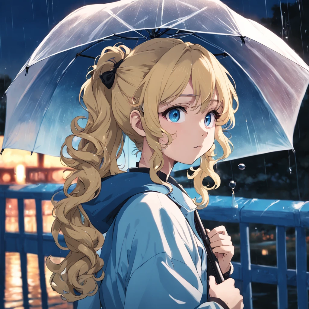 Blonde curly ponytail girl，Blue pupils，Loose outerwear，Portable umbrella，Park waterside