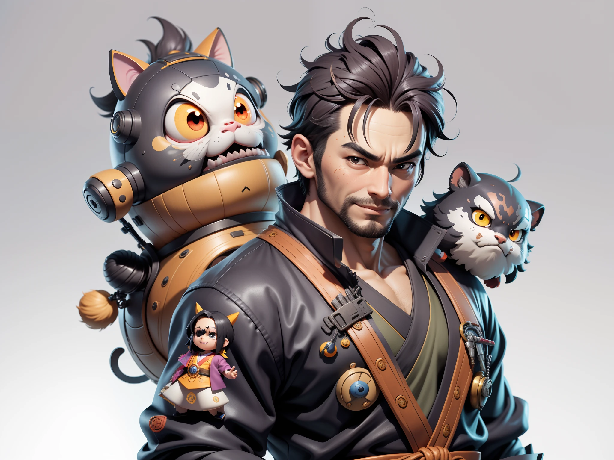 (Daisaku),(Need),(Super meticulous),(full bodyesbian:1.2),Super young man with Japanese geisha，Beautiful，orient，one tiger，Aeolian Thor，Raised sexy，爆乳，Oriental face，TV Anchor，Bust portrait illustration，In black suit，a blue tie，The face is slightly chubby，The face was clean，without a beard，Black super short hair，Black eyes，Smile confidently，3C computer sub-products，iPad， iphone，Digital painting，3D character design by Mark Clairen and Pixar and Hayao Miyazaki and Akira Toriyama，The illustration is a high-definition illustration in 4K resolution，With very detailed facial features and cartoon-style visuals。