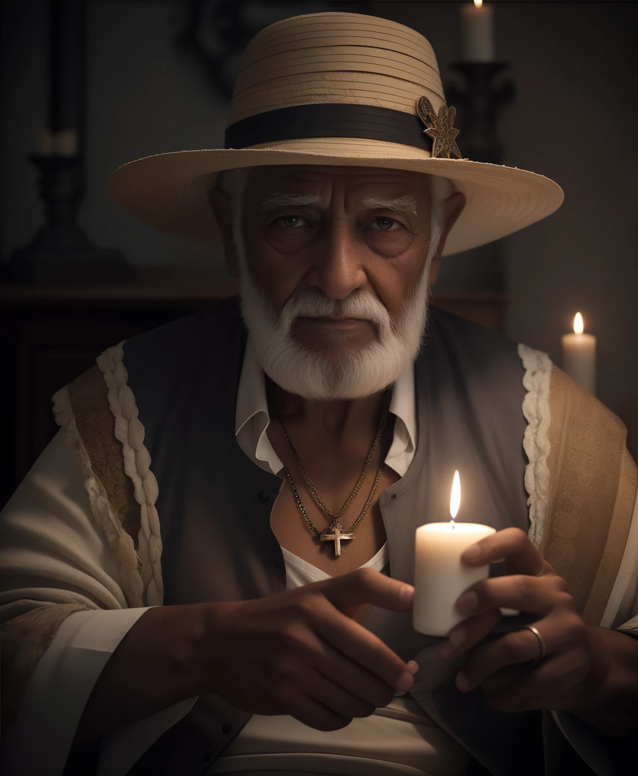 Crie uma imagem uma imagem hiperrealista de um homem velho  afrodescendente, 100 anos, olhos brilhantes, cansados e triste, pele negra muito enrrugada, cabelos curto, crespo e grisalho, vestindo um velho, simples, torn white cotton outfit, with crucifix necklaces with seeds and medal around their necks, rosto com rugas, hands with five fingers.  The decoration should be dark old clay wall, with candlelight lighting with an intimate and religious atmosphere.
