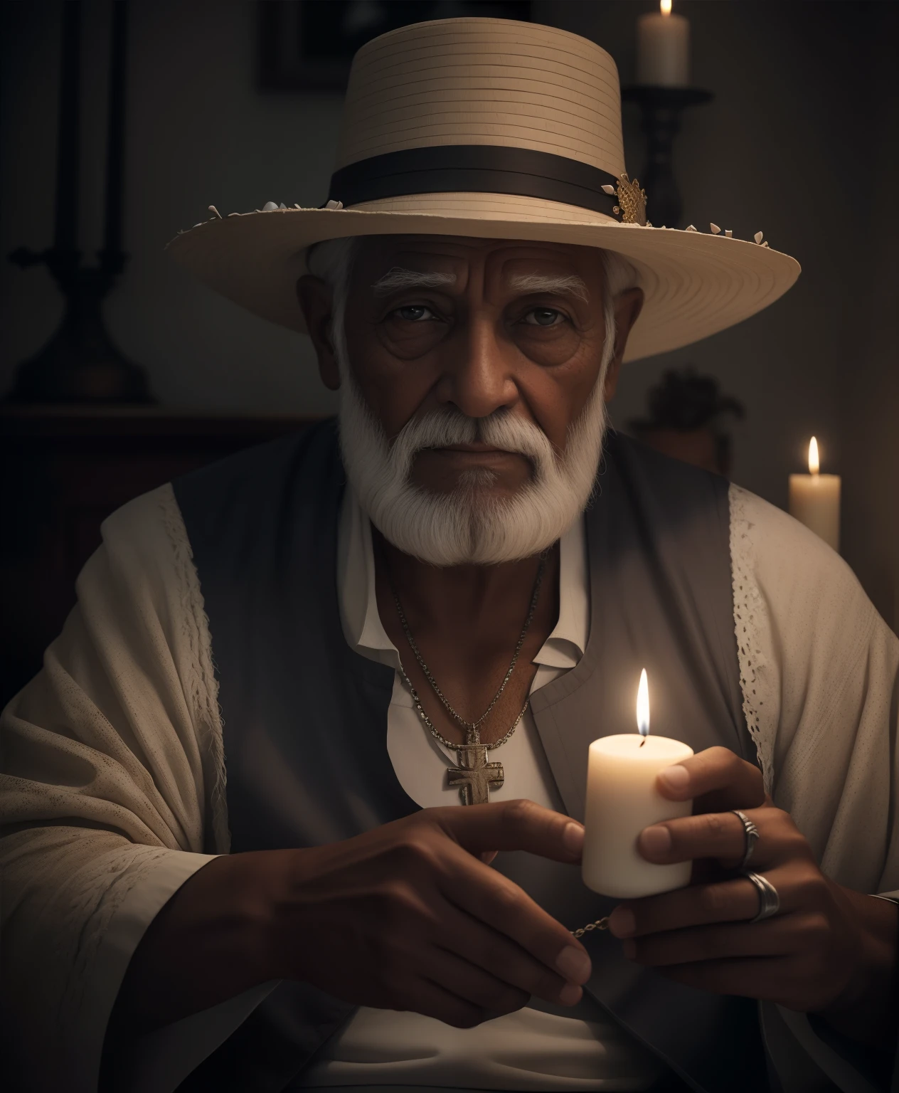 Crie uma imagem uma imagem hiperrealista de um homem velho afrodescendente, 100 anos, olhos brilhantes, cansados e triste, pele negra muito enrrugada, cabelos curto, crespo e grisalho, vestindo um velho, simples, torn white cotton outfit, with crucifix necklaces with seeds and medal around their necks, rosto com rugas, hands with five fingers. The decoration should be dark old clay wall, with candlelight lighting with an intimate and religious atmosphere.