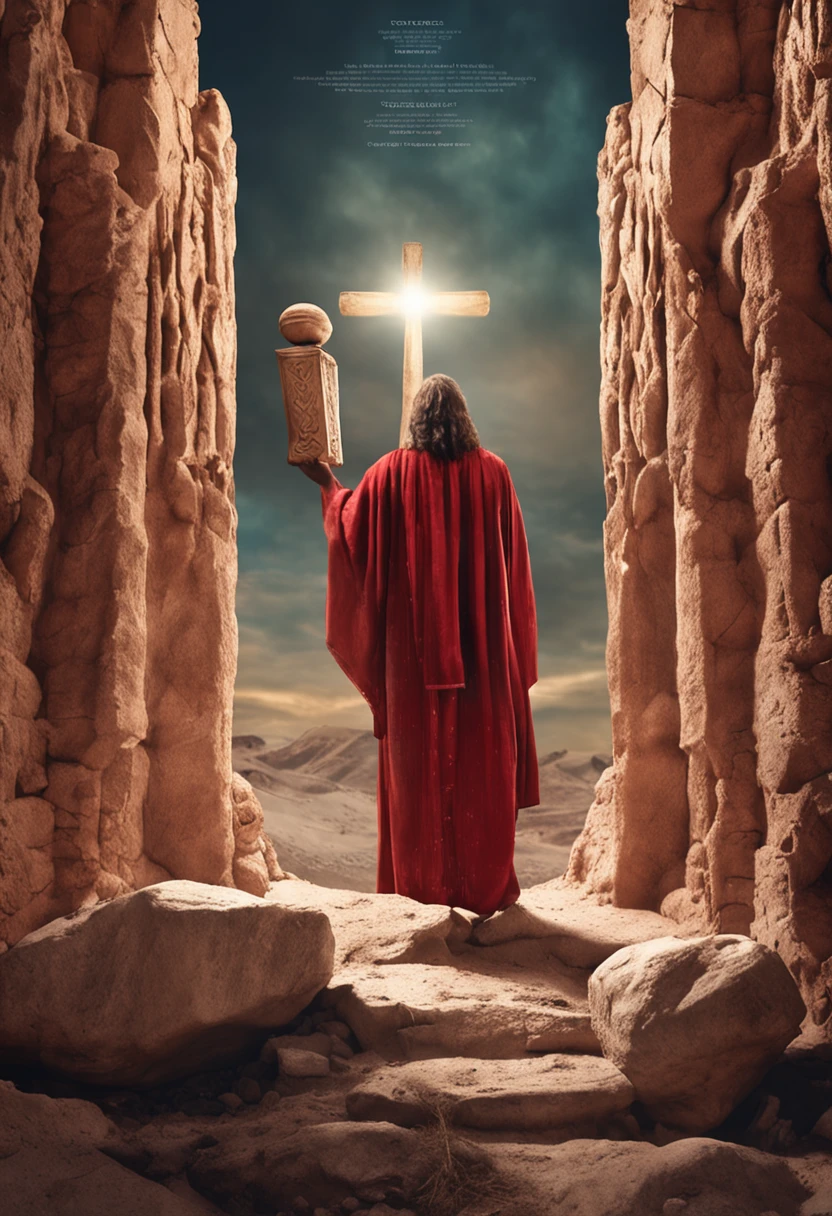 Man in red bathrobe holding a stone with writing, moses, Jesus Gigachad, biblical art style, biblical epic movie, epic biblical representation, foto do perfil, biblicamente preciso, inspired by moses van Uyttenbroeck, Gal Yosef, Ancient Biblical, Jesus, biblical clothing,segurando