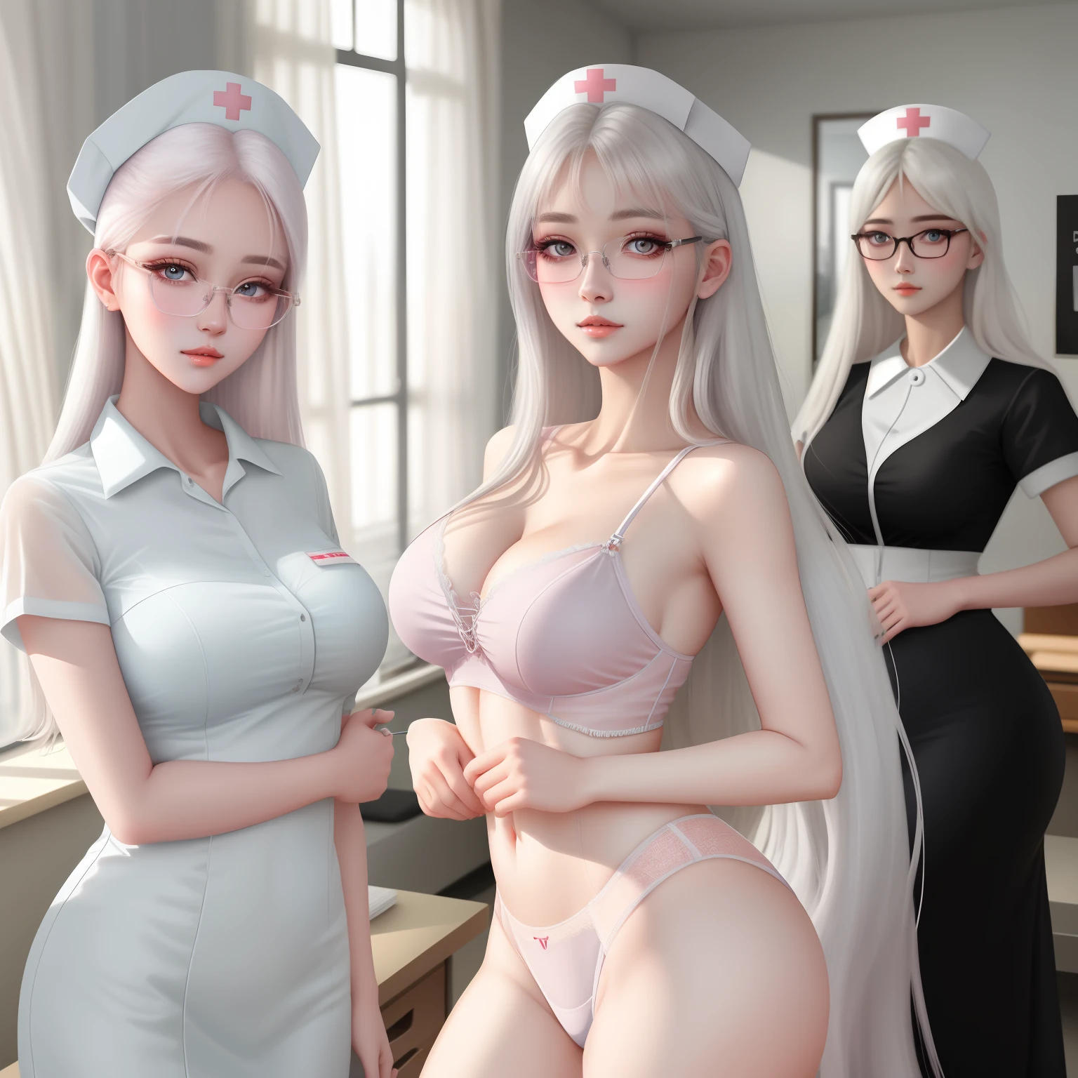 Top image quality、RAW photography、超A high resolution、18-year-old Korean、Glasses Beauty、Colossal tits:1.3、nedium breasts:1.5、nurse hat、Nurse、Nurse_transparent uniform、White skin of the、Shiny white skin、(Shortwave hair)、bright silver hair、Bright white hair、beautiful eyes of random colors、Very thin lips、Beautiful eyes finely detailed、Elongated eyes、pale pink blush、long eyelasher、beautiful double eyelid、eye shadows、耳Nipple Ring、Fashionable glasses、Lighting that emphasizes beautiful skin、Glossy glossy skin、Lingerie transparent