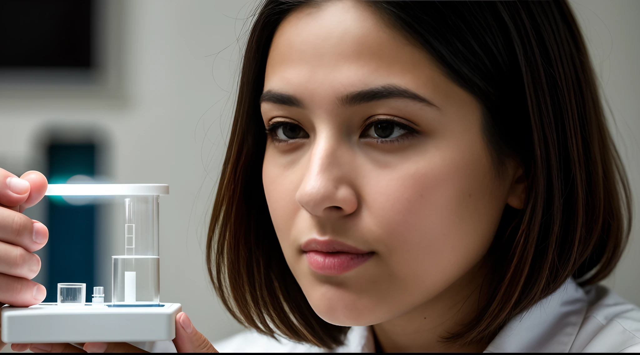 instagram photo,  A close-up of a woman scientist's focused expression as she conducts experiments, dedication, concentration, Nikon D850 with 85mm f/1.4 lens, diffused light, portrait photography.