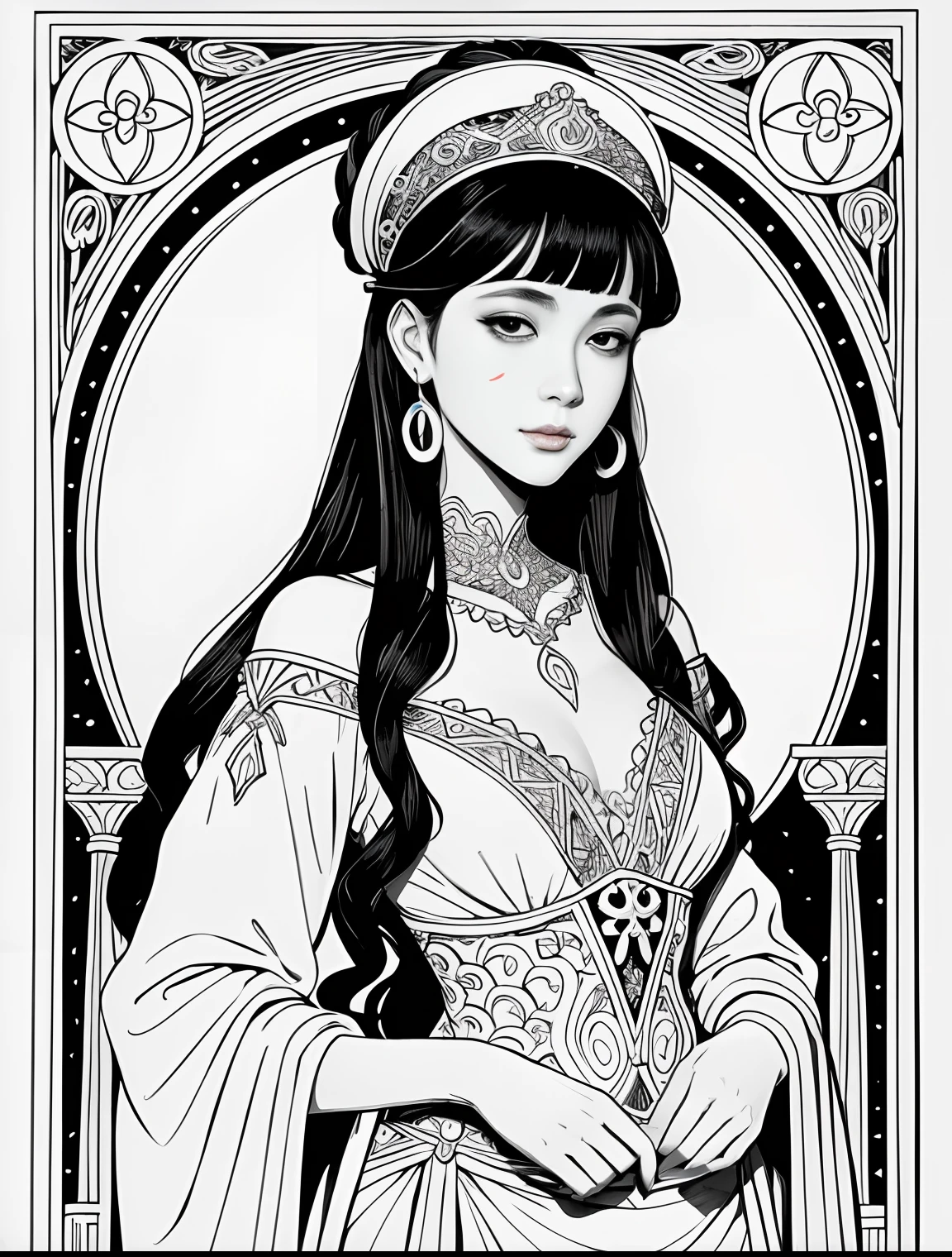 Drawing of a woman in a dress with a crown on her head, ((a beautiful fantasy empress)), inspired by Qiu Ying, a beautiful fantasy empress, inspired by Wu Bin, Art Nouveau ink illustration, chinese empress, Inspired by Lee Tan, portrait of mulan, In the style of Charlie Bowater, portrait of modern darna, inspired by Wu Li