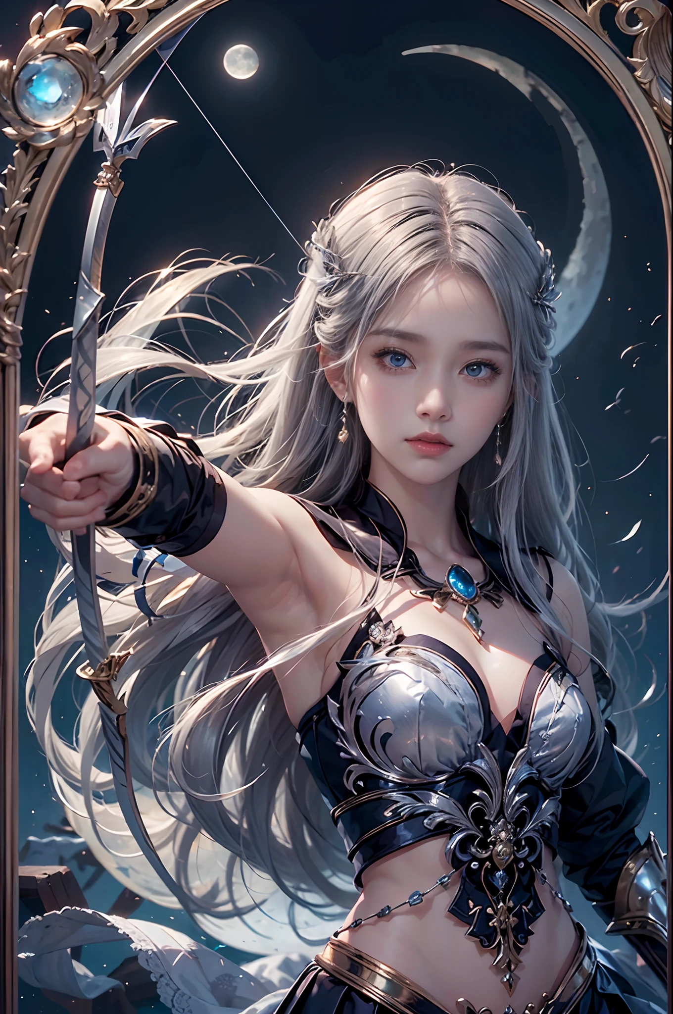 (Archer girl dressed in armor like an enchanting moon goddess),(Realistic Beautiful Night Sorceress),(Artemis, goddess of the moon),Silver bow and arrow with luxurious decoration in the hand,Ready to shoot the bow,mysterious girl,Amazing effect,(small tits),Lifelike face,Compassionate eyes,cute face,Blue eyes,Realistic Nada Room,Silver hair shining like the moon,de pele branca,Young Goddess,Photoquality,Dignified Moon,Tsurime,Blue glowing eyes,