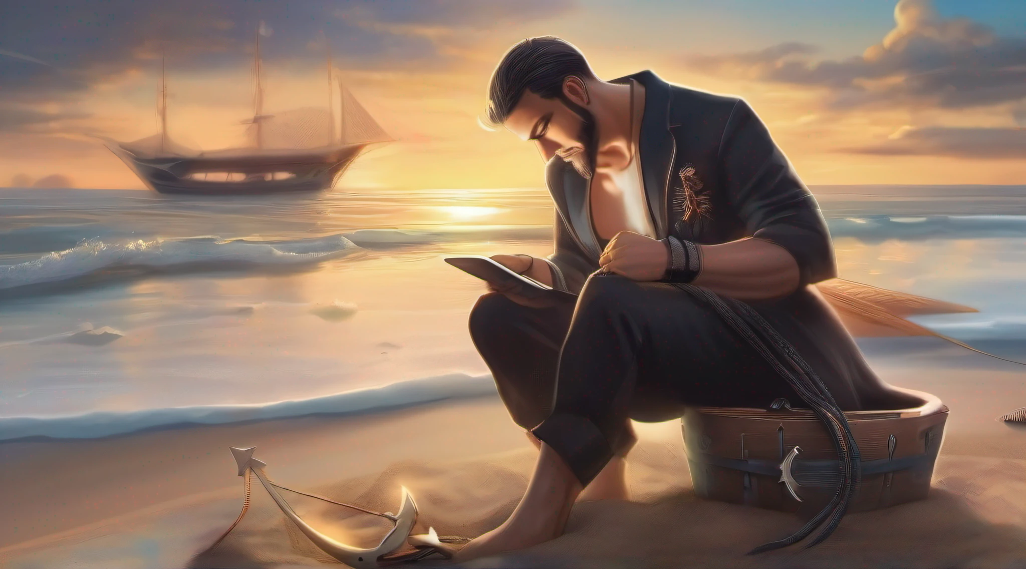 An anchor looks down at his phone on the beach。