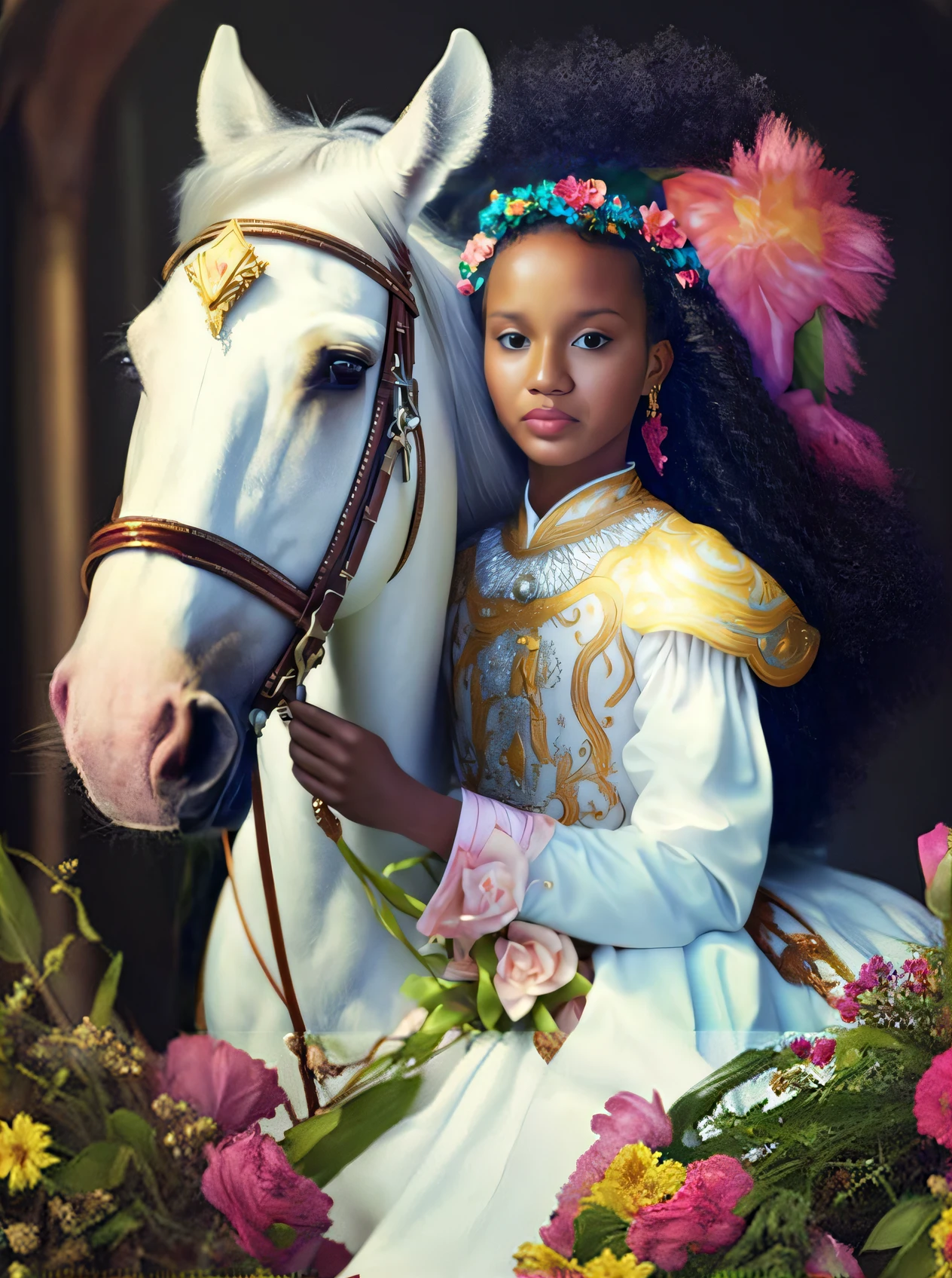 There's a young woman in a white dress on a horse, princesa bonita, Princesa negra africana, retrato da princesa, Princesa africana deslumbrante, menina elegante afro-americana, lindo retrato, beautiful portrait, Menina africana de pele clara, Princesa Africana, Menina afro-americana, Retrato da princesa, Pintura do retrato de uma princesa, deusa jovem, Retrato Willow Smith, lovely bohemian princess, retrato impressionante