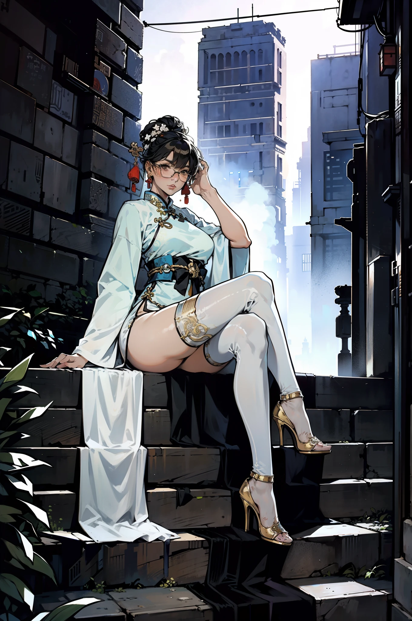 Doctor close-up, Has a glowing five-star rating, Their names, Photo, and the city in the background.，Large bust，rimless eyewears，Slim figure，Cute girl，Full body like，Hanfu，komono，Ancient Chinese streets，Dirty dark streets，high-heels，long leges，Sitting on the steps