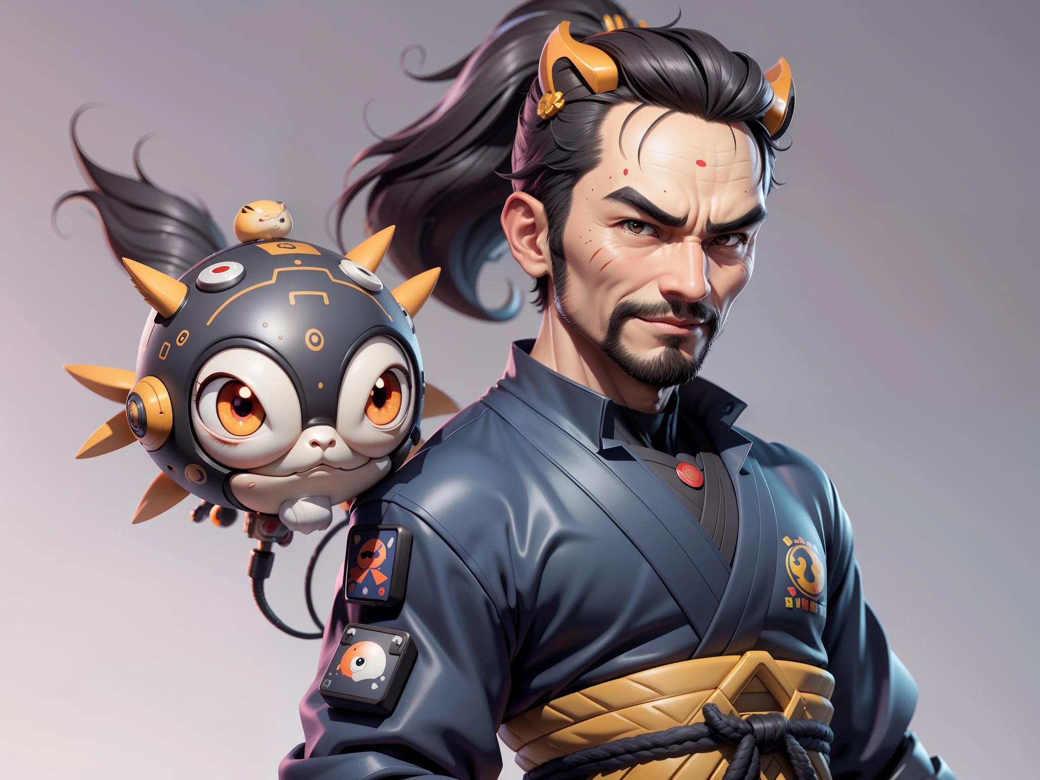 (Daisaku),(Need),(Super meticulous),(full bodyesbian:1.2),Super young man with Japanese geisha,Beautiful,orient,one tiger,Aeolian Thor,Raised sexy,爆乳,Oriental face,TV Anchor,Bust portrait illustration,In black suit,a blue tie,The face is slightly chubby,The face was clean,without a beard,Black super short hair,Black eyes,Smile confidently,3C computer sub-products,iPad, iphone,Digital painting,3D character design by Mark Clairen and Pixar and Hayao Miyazaki and Akira Toriyama,The illustration is a high-definition illustration in 4K resolution,With very detailed facial features and cartoon-style visuals。