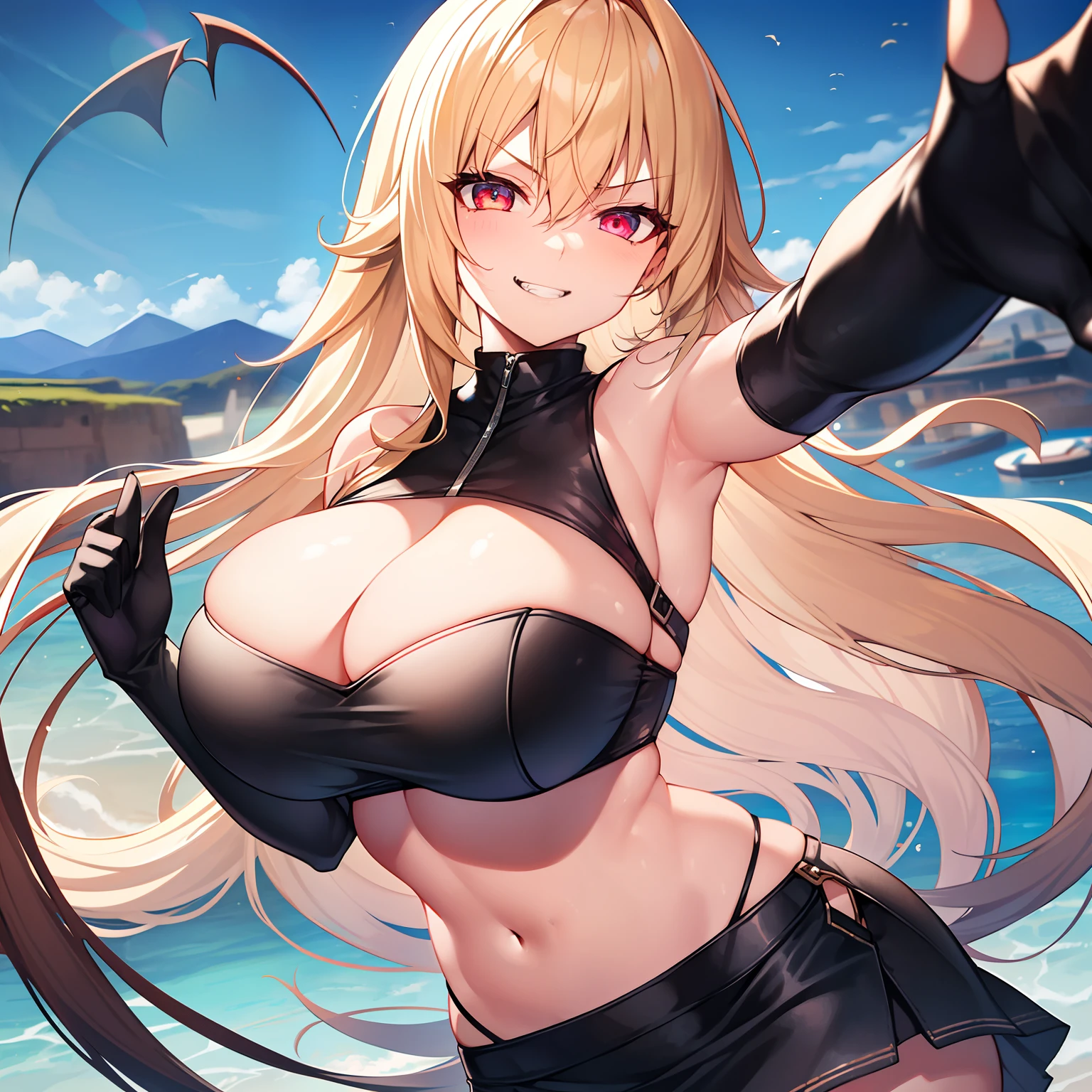 1girl in, Solo, masutepiece, nffsw、Shaders、Brilliant Textured Work、(Evil Organizations:1.5)、(Female executive:1.2)、a blond、Very long hair、Outer bouncing hair、(Black tube top:1.3)、(Pitch Rimini Skirt:1.3)、Black leather gloves、Jagged teeth、very large breast、You can see the valley.、hands on hip, Looking here、Hanging、sharp eye、Shining ruby eyes、Sanpaku eyes、evil smile, Navel、Shoulder out、sleeveless、