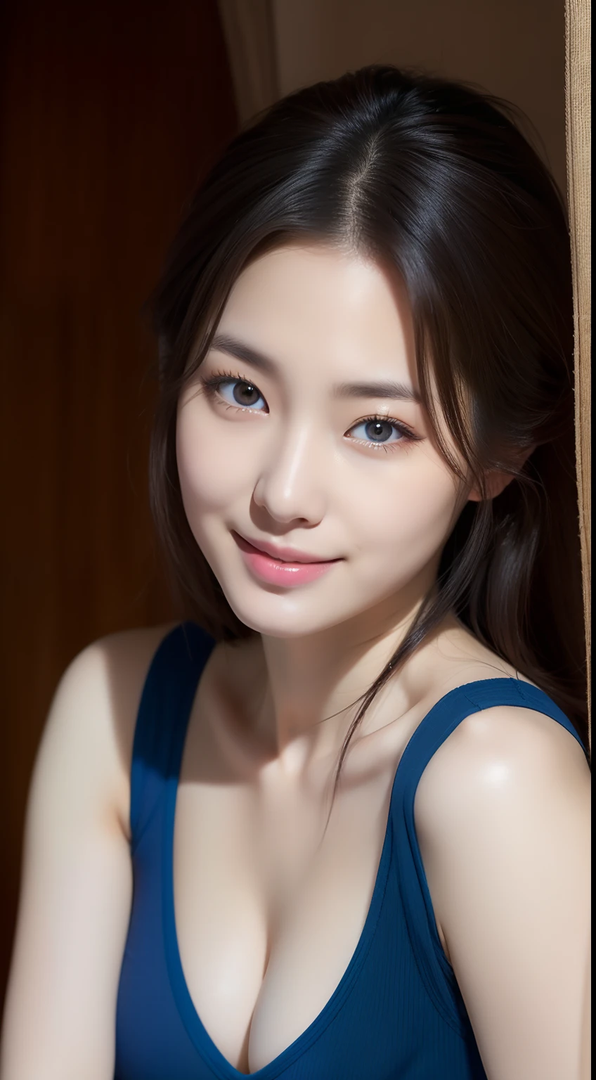 realistic photos of 1 cute Korean star, curtained hair, white skin, thin makeup, 32 inch breasts size, slightly smile, wearing blue v-neck tank top, sitting on a pirate ship, close-up, UHD