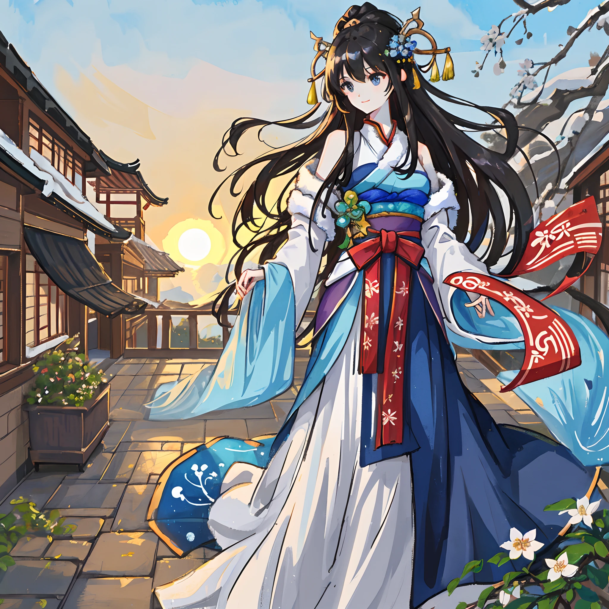 （Blurred foreground：Blue Sky The sun shines high in the sky：2.0，），（Plum blossoms fly：1.4），（Chinese Tang dynasty beauties dance），（realisticlying，Long flowing black hair，anatomy correct，Korean star face，ssmile，The hands and face are very delicate and clear），（Stand in the middle of a quaint courtyard，Plum tree，Song dynasty winter clothing，Abstract gouache splash：1.2，），（wide angles，Ultra HD details，Masterpiece, hyper HD, Super detail, High details, Best quality, A high resolution, Award-Awarded, 8K），（Chinese premium color scheme，电影灯光）