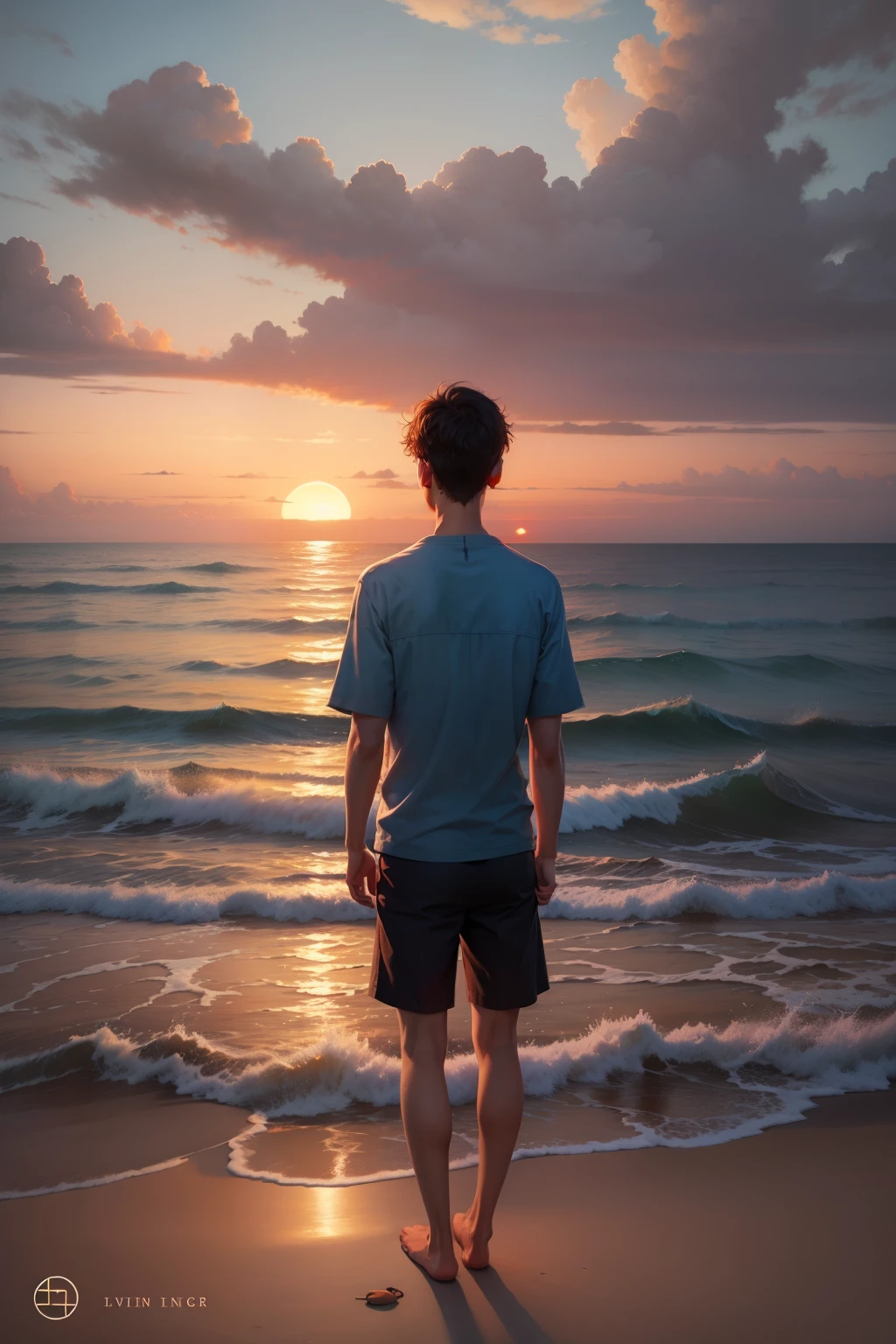 Loneliness, seaside, sunset, oil painting, boy, avatar