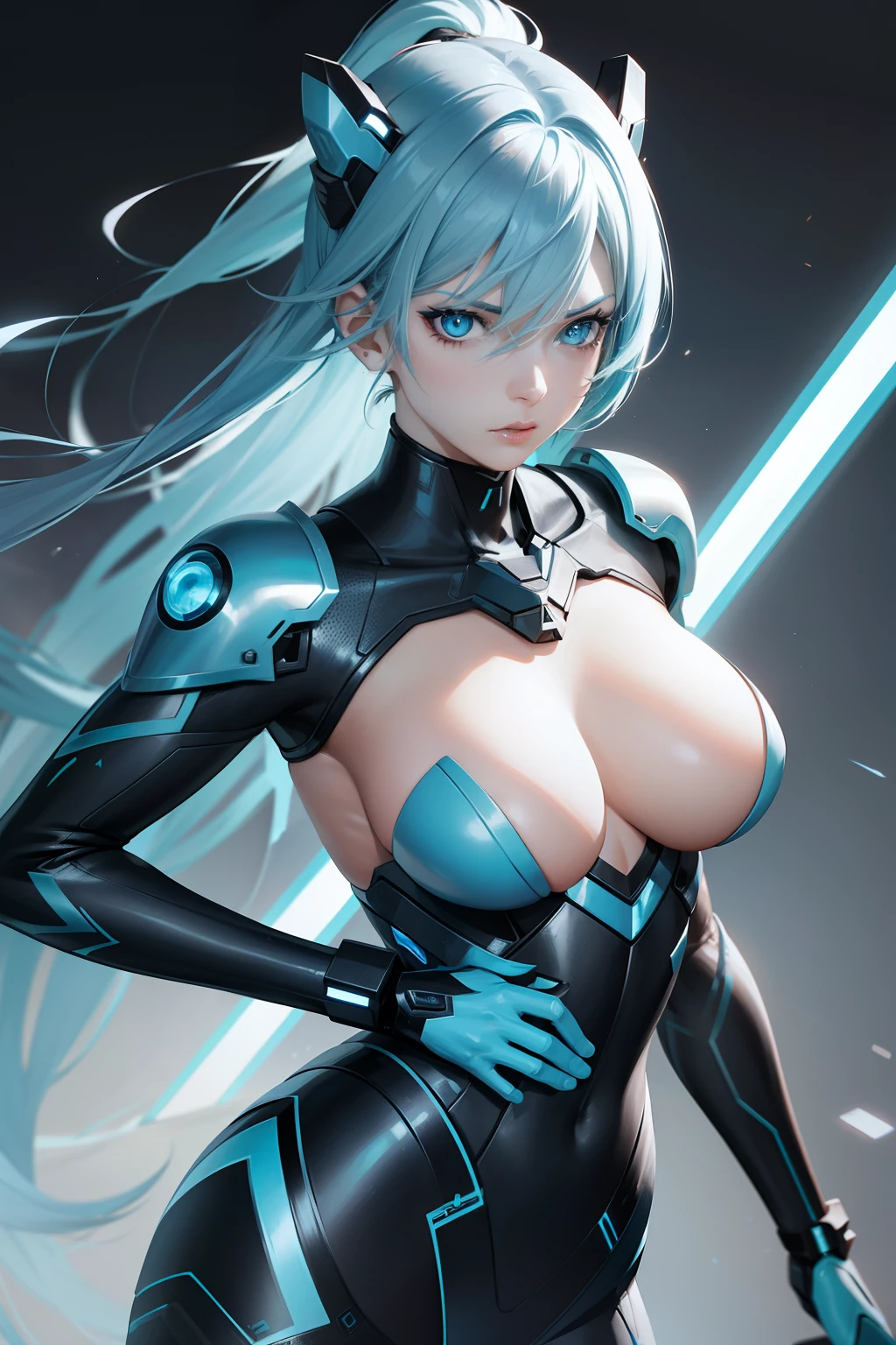 female cyborg，Short blue-cyan hair，NSFW，Exquisite facial features，graceful figures，Engage in fierce battles