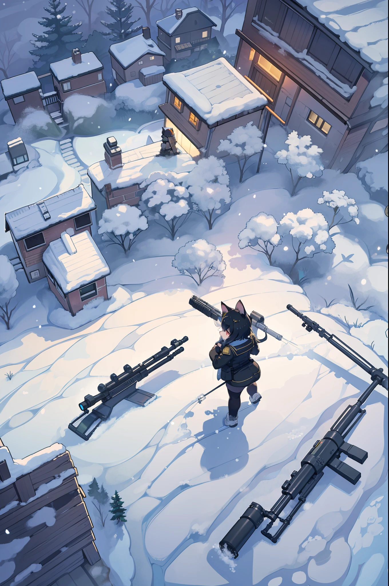 snowy forest, Black hair, Cat ears, Cat Girl, Red Eyes, As I ran, officer uniform, , Germany, Black Officer Uniform,huge-breasted、Giant Sniper Rifle、From the top、Overhead view,Very Wide Shot