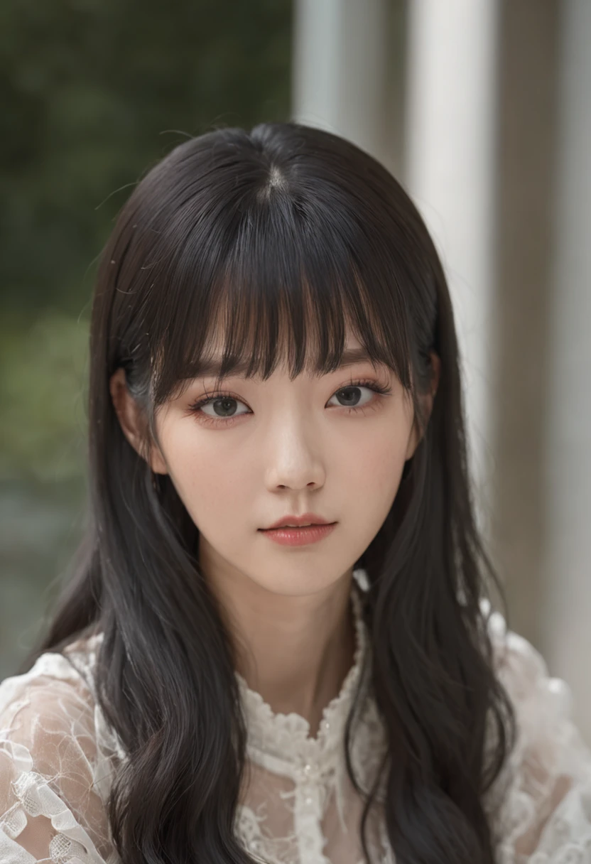 A woman with long black hair sat down, a picture inspired by Ma Yuanyu, reddit, shin hanga, She has black hair，By bangs, With bangs, Shin Jinying, Lee Ji-eun, lee ji eun, jaeyeon nam, with full bangs, Korean girl, Choi Hyun-hwa, center parted bangs, chiho