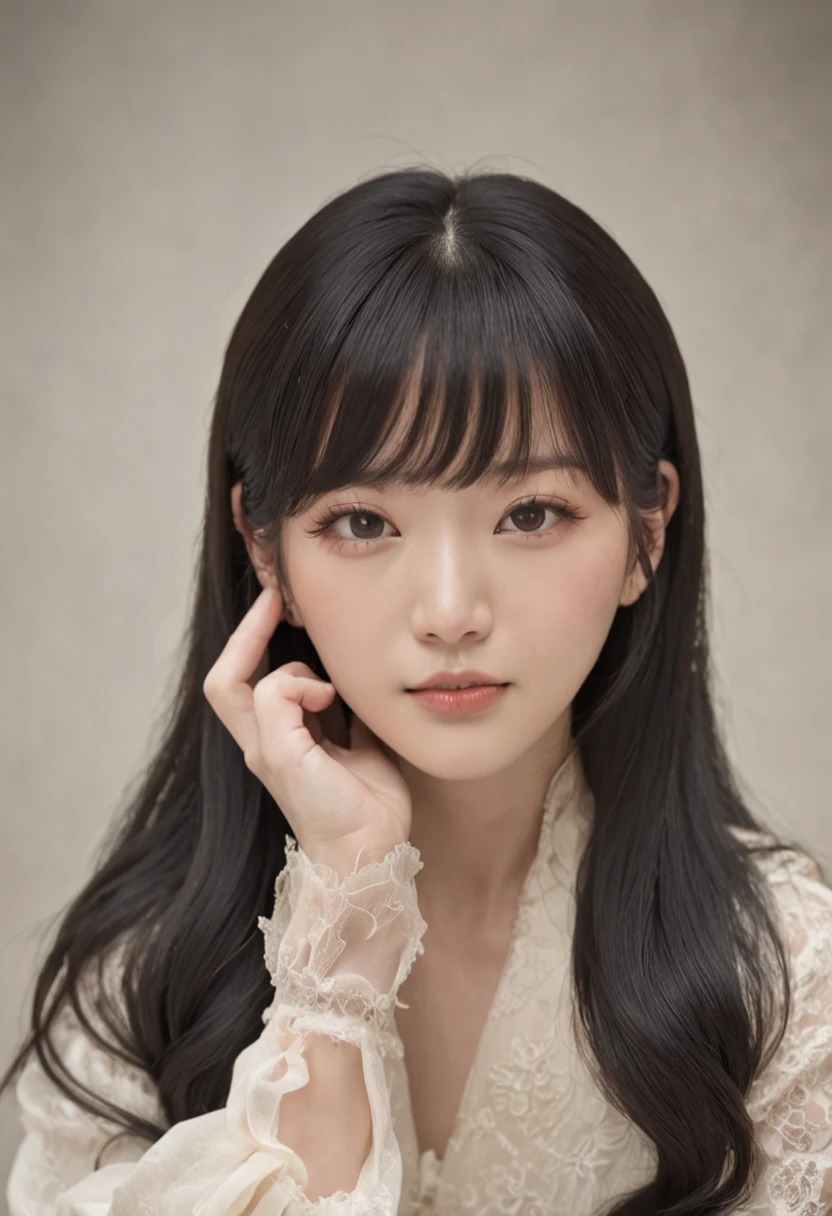 A woman with long black hair sat down, a picture inspired by Ma Yuanyu, reddit, shin hanga, She has black hair,By bangs, With bangs, Shin Jinying, Lee Ji-eun, lee ji eun, jaeyeon nam, with full bangs, Korean girl, Choi Hyun-hwa, center parted bangs, chiho