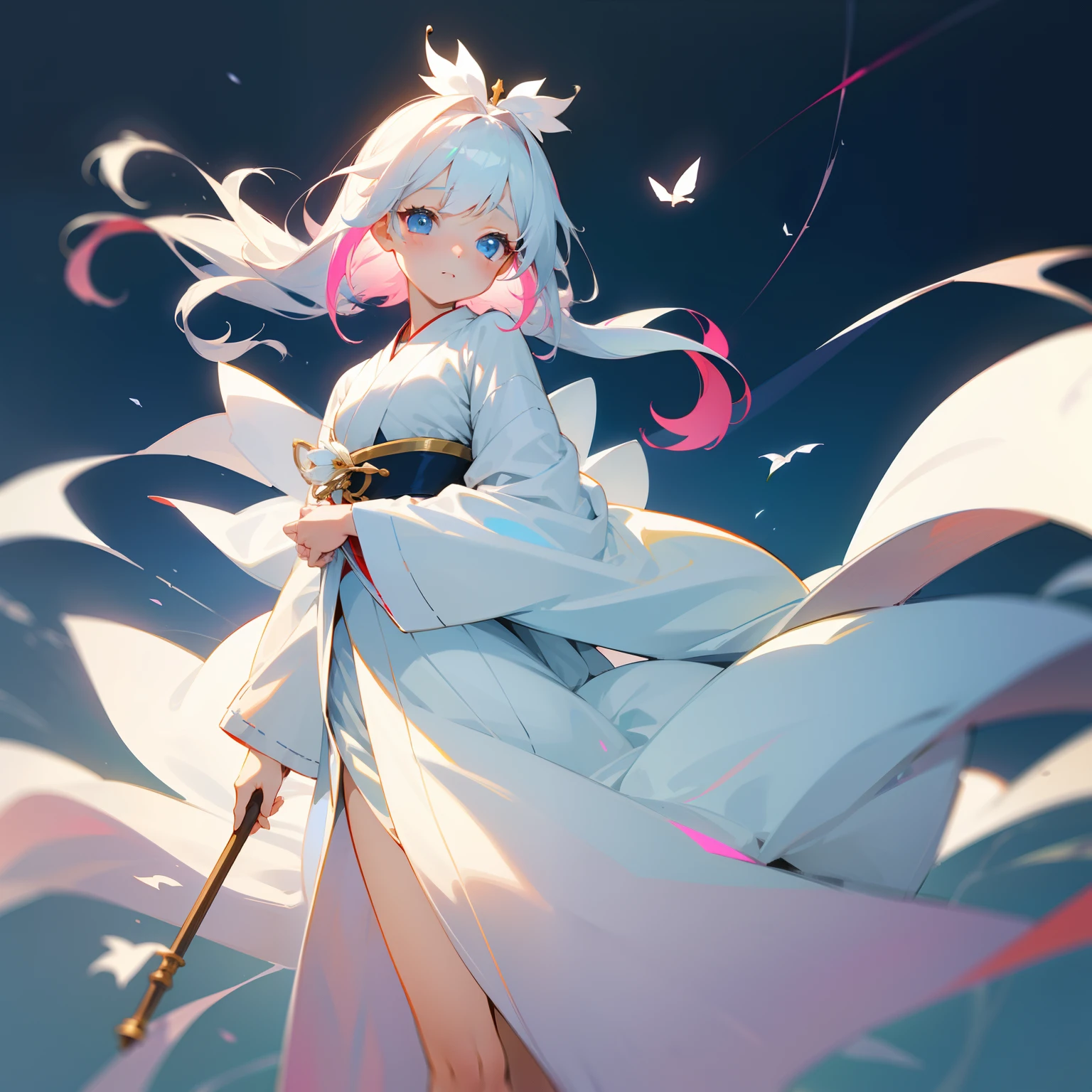 In a beautiful and aesthetic world、One girl stood。Her white, colorful hair flutters in the wind、The figure was as pure and innocent as a lily flower.。Her multicolored white kimono is、Surrounded her as a symbol of majesty and glory。Her figure is as innocent as the Virgin.、He was noble and gave off a proud aura.。Around her、A fantastic atmosphere、In it she shone as the most beautiful being.。