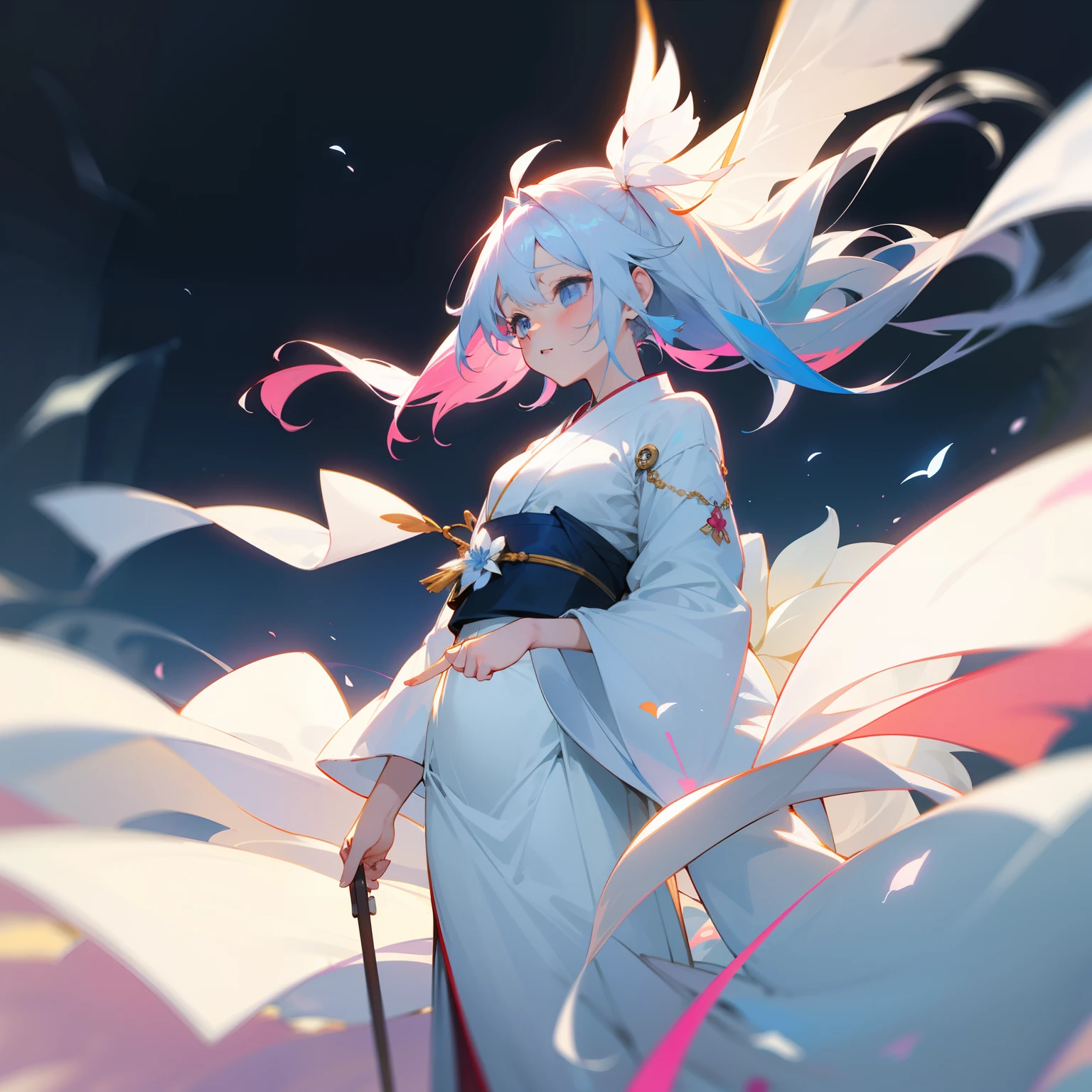 In a beautiful and aesthetic world、One girl stood。Her white, colorful hair flutters in the wind、The figure was as pure and innocent as a lily flower.。Her multicolored white kimono is、Surrounded her as a symbol of majesty and glory。Her figure is as innocent as the Virgin.、He was noble and gave off a proud aura.。Around her、A fantastic atmosphere、In it she shone as the most beautiful being.。