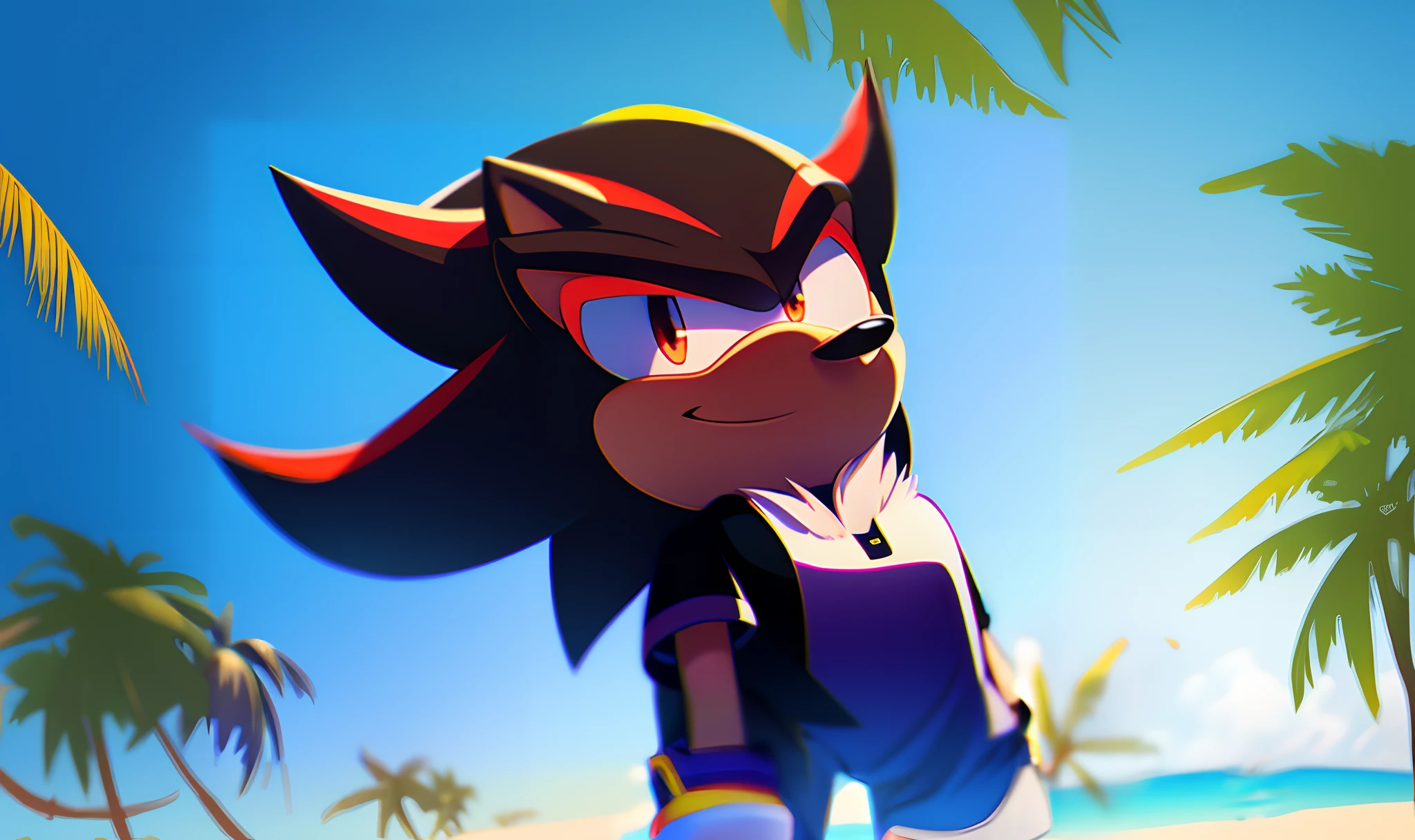 shadow the hedgehog on the beach, shadow the hedgehog, sonic oc, fan art, from sonic, sly smile, high quality fanart, shadow, official fan art, vibrant fan art, official art, sly expression, female rouge assassin, ((sunset)), perfect crisp sunlight, official render, clean cel shaded, badass pose, highres, high quality anime artstyle