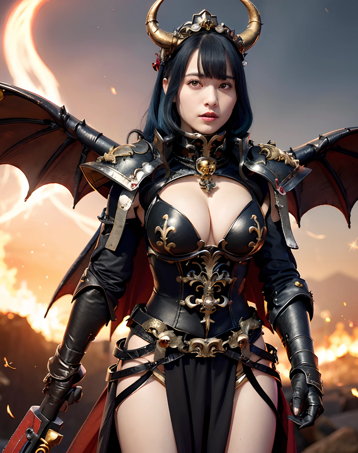 (masutepiece), Professional , masterpiece、top-quality、photos realistic , depth of fields 、(Gemstone Black Metal Body:1.9),(Matte Black、(cleavage of the breast)、Dragon Gold Weapon(Dragon Metal Body:1.4),Gorgeous gold weapons ,(Intimidating look)、(( Dragon's dense and gorgeous sword)) , Ultimate Beauty ,warhammer 40k , adepta sororitas,Detail and gorgeous crown、((Blue hair))、(Castle background)、The dragon、((Gangle's forest background))、Beautiful Caucasian beauty、(1a person)、dynamic ungle,(((Two Devil Horns on the head in detail)))、Smaller head、A smile、Castle background、Thin and beautiful female hands、cleavage of the breast、Soldier in iron armor on background、Mystical expression、Light Effects、Wind-effect、magic circles、With the legendary magic wand、(demonic wings)、(Blue hair)、(1 persons)、Battle Look、Anatomically correct body、Toostock、Toostock、
