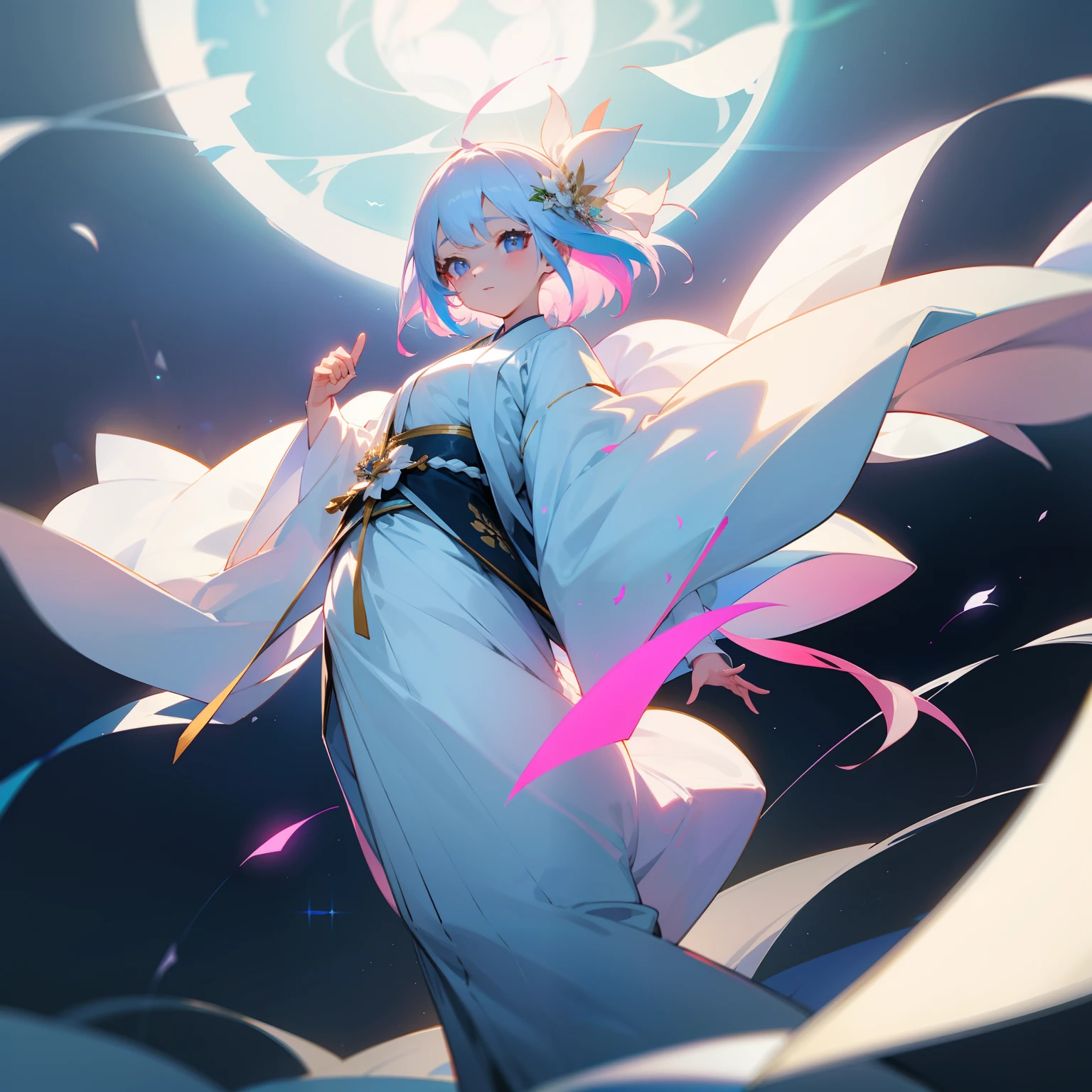 In a beautiful and aesthetic world、One girl stood。Her white, colorful hair flutters in the wind、The figure was as pure and innocent as a lily flower.。Her multicolored white kimono is、Surrounded her as a symbol of majesty and glory。Her figure is as innocent as the Virgin.、He was noble and gave off a proud aura.。Around her、A fantastic atmosphere、In it she shone as the most beautiful being.。