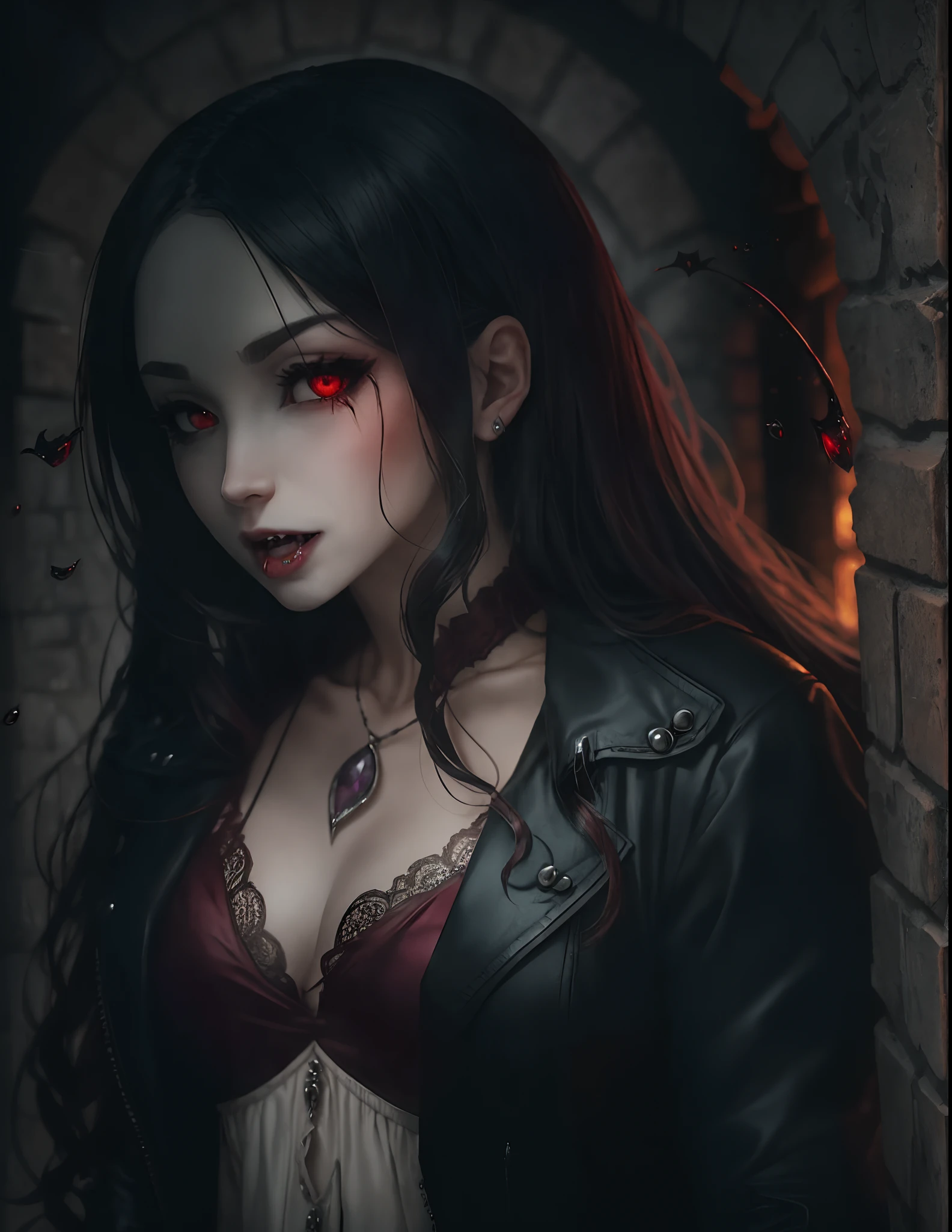 Vampire, male, fangs dripping Blood, Castle, midnight, pretty girl --auto --s2