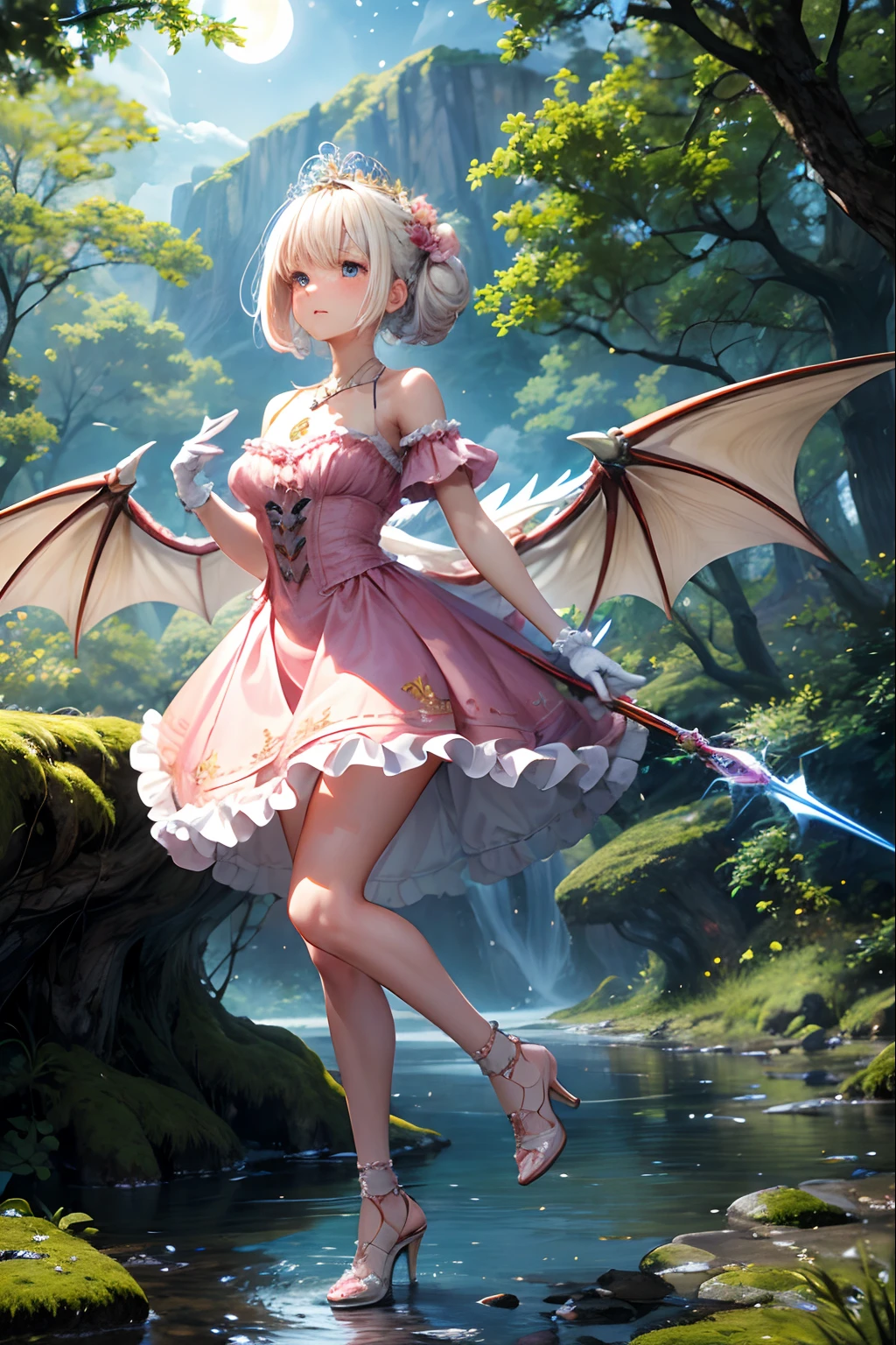 (masterpiece, best quality:1.2), 1girl, solo, cute, kawaii, digital art, magic circle, platinum blonde hair, finely detailed eyes, embarrassed expression, sweat, frilly dress, pink color scheme, high heels, white gloves, heart-shaped necklace, tiara, wielding a wand, dragon, forest, fire breath, wings, scales, sharp claws, spiky tail, trees, moss, moonlight filtering through leaves, fallen leaves, bushes, rocks, river, bridge, night clouds, starry sky, windy, leaves rustling,