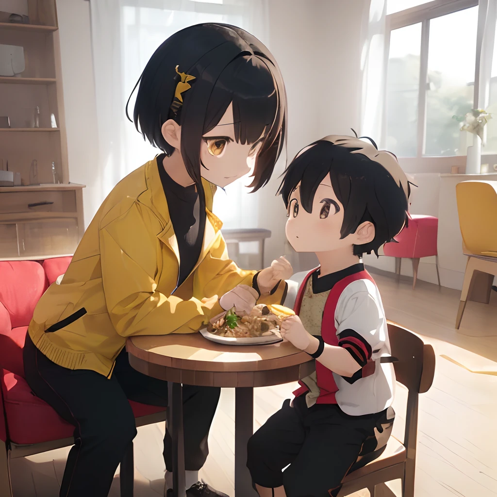 (masutepiece, Best Quality, Capture super cute moments, depth of fields, ultra-detailliert, Ultra High Resolution, C4D, Octadale, 3D Modeling, 8K, one girls、25-years old、A dark-haired、straight haired、Light brown eyes,hair adornments、Yellow jacket、Black pants、(ssmile)、2 short-haired boy、Red clothes、(Mother and short-haired son)、(Being in the living room)、(meal together)(sit on the table)、Child si a high chair