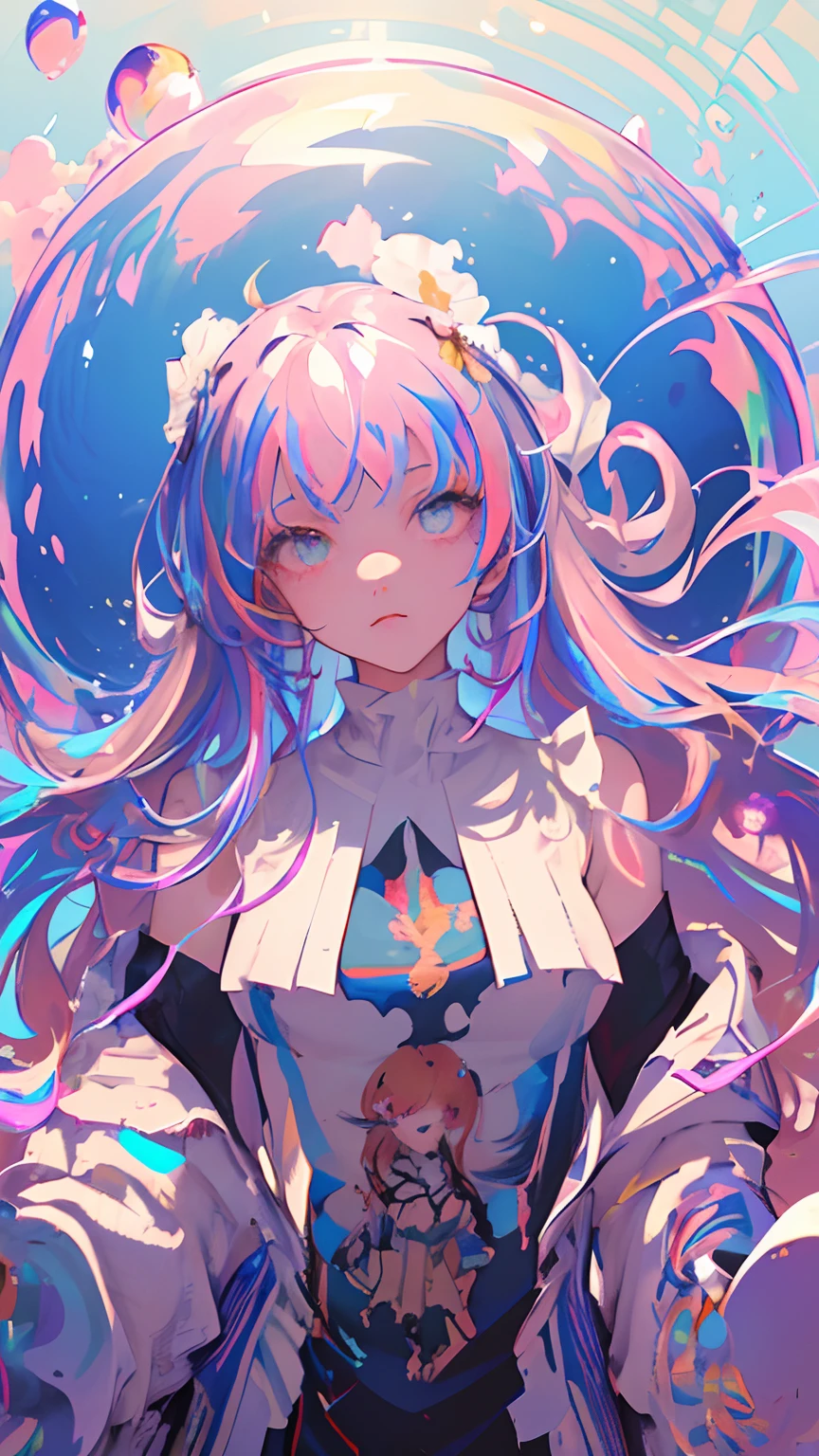 (masterpiece), (best quality), (ultra detailed),(disheveled hair),(illustration), (1girl), (Fashionable clothing), standing,Fashion model,looking at viewer, (interview), (simple background),beautifuldetailedeyes,delicate beautiful face,Floating,(high saturation),(colorful splashes),colorful bubble,(shining),focus on face,