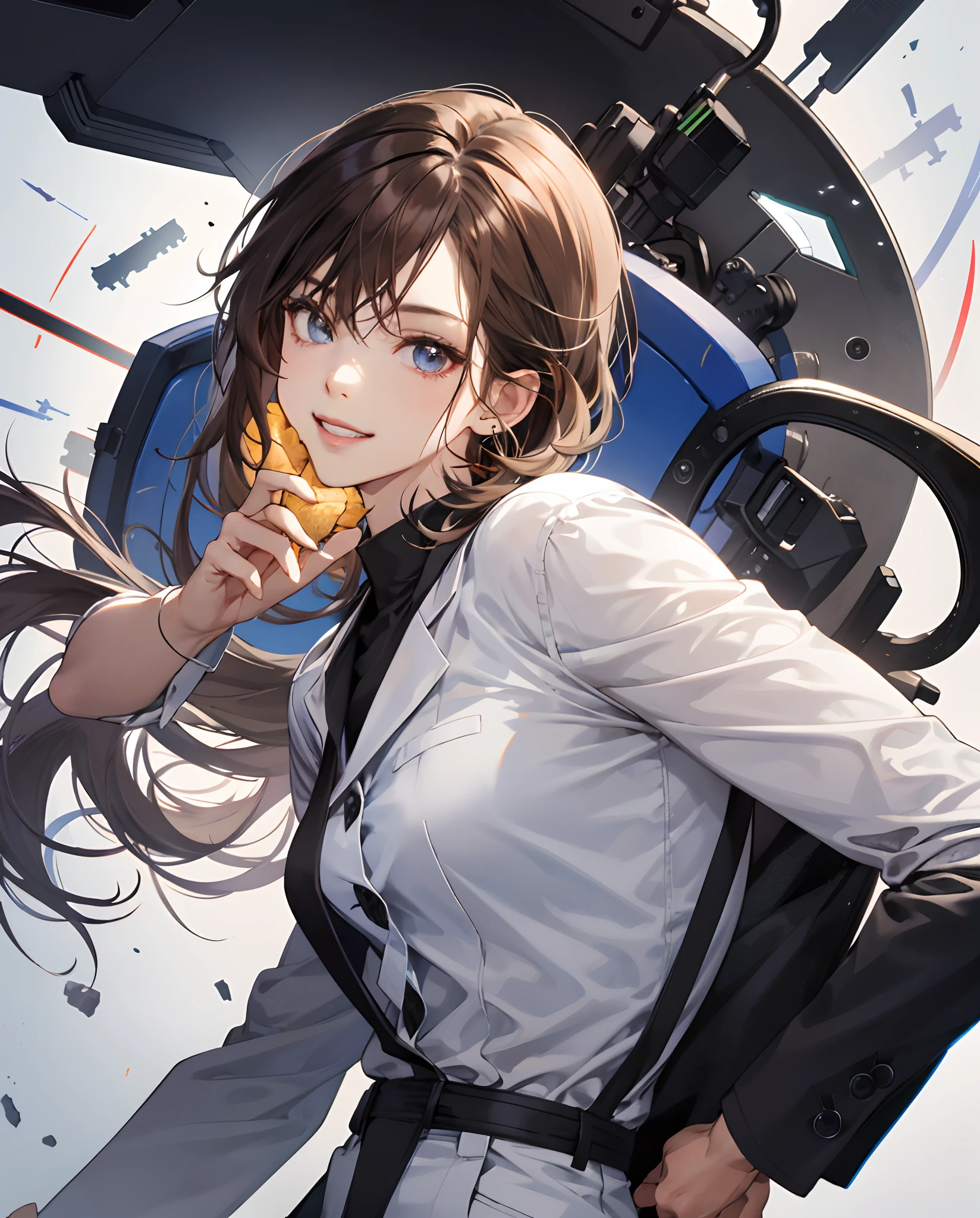 （（best qualtiy，8k，tmasterpiece：1.3））， 1girll， ssmile， full bodyesbian， Slim Faces， Beautiful woman， with short dark brown hair， White crisp shirt on the upper body, black straight-leg suit pants on the bottom，high-heels， Super detailed face， Detailed eyes， 二重まぶた， blur backgroun， Slim Faces， High-rise