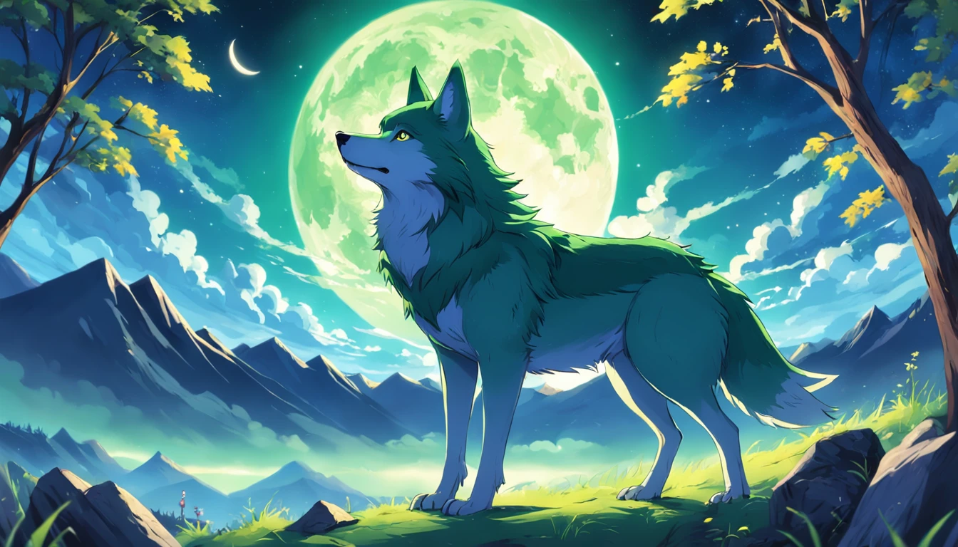 Card frame　Cute young green wolf　Blue sky　The huge moon is extremely colorful　Colorful night sky