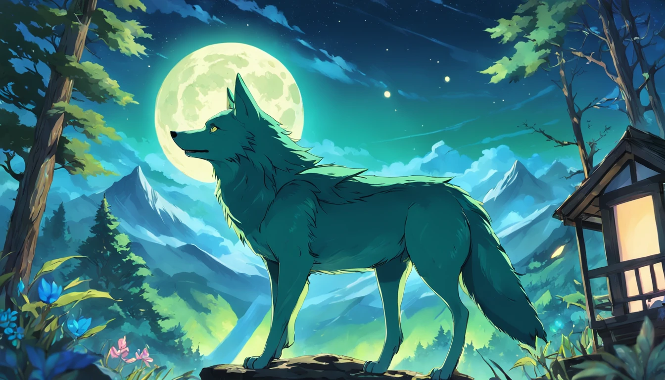 Card frame Cute young green wolf Blue sky The huge moon is extremely colorful Colorful night sky