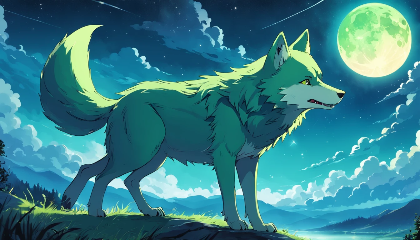 Card frame　Cute young green wolf　Blue sky　The huge moon is extremely colorful　Colorful night sky