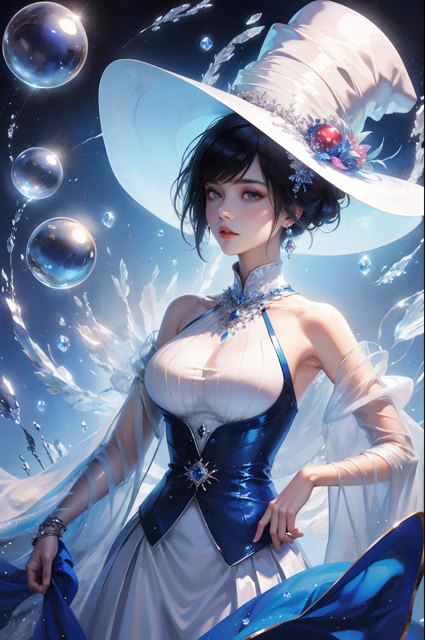 woman，Conservative attire，(Wearing a big hat)，Blue crane，Wearing a blue and red and white princess dress，Close-up of upper body，Close-up photos，jewelery，Visions of heaven and earth，(((Magic crystal ball)))，The background is the Milky Way，solar system