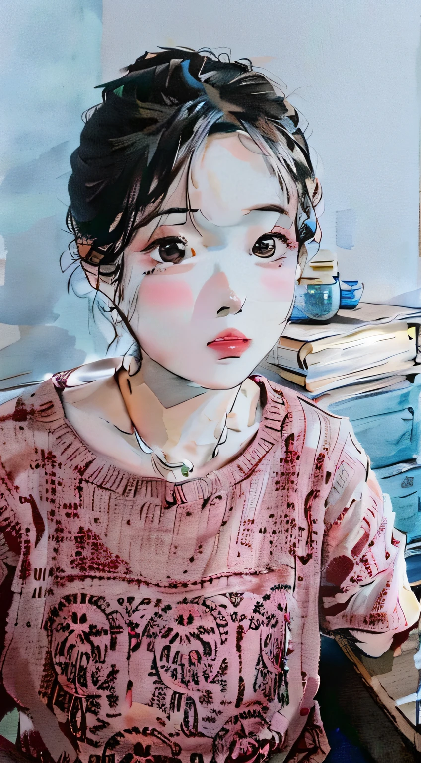 There was a woman dressed in pink sitting at the table,A stack of books in the back, 2 ,Chinese cute and delicate face,, dang my linh