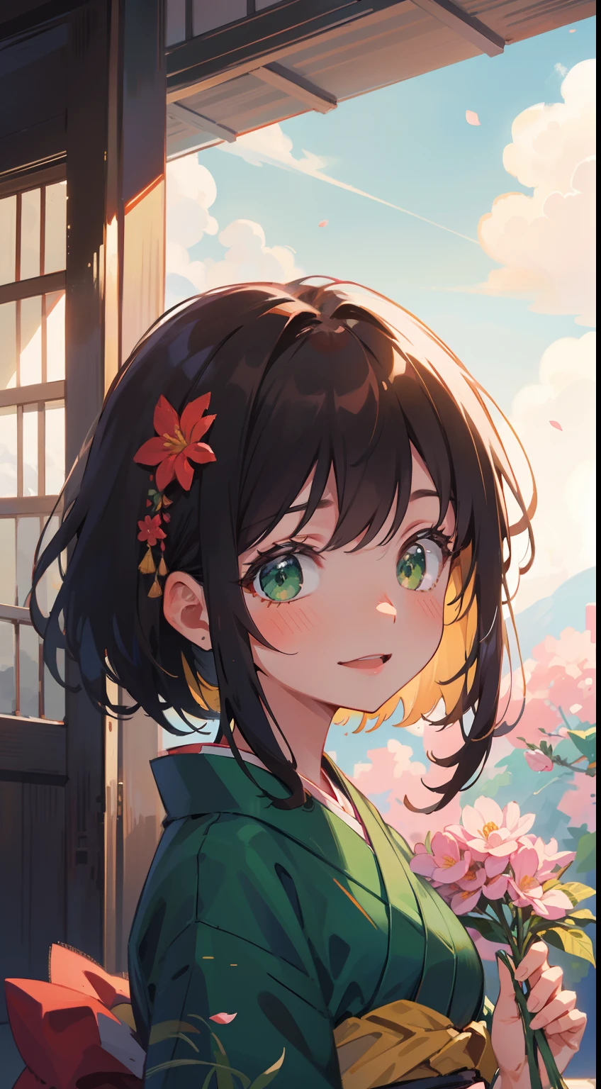 (masterpiece), (best quality), ultra high res, sharp focus, warm pastel tone, ((1 woman, solo)), upper body, dutch shot, beautiful detailed hair, chestnut brown hair, long hair flowing, beautiful detailed face, ((beautiful shape eyes, green eyes)), (happiest face), blushing, perfect feminine face, looking at the viewer, smiles, open lips, in colorful japanese kimono, beautiful clouds and sky in the evening background, surrounded by petal flowers