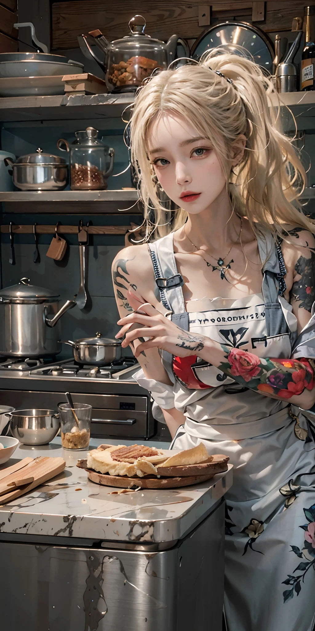 photorealistic, high resolution, soft light,1women, solo, hips up, (detailed face),a woman with various tattoos and hair standing in her kitchen, Her apron is the only dress, blonde hair