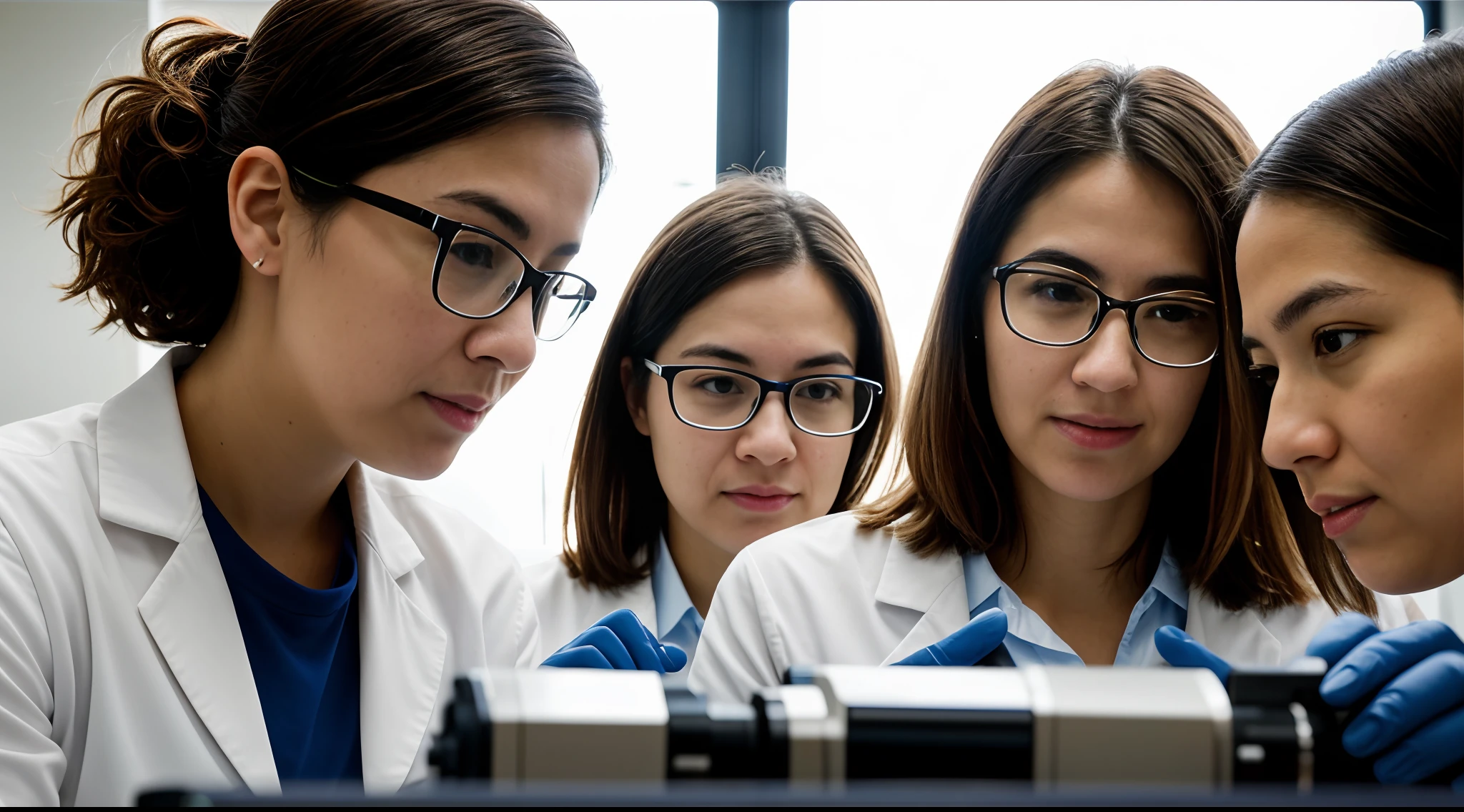 instagram photo, closeup face photo, A dynamic shot of women researchers in a lab, adjusting equipment and discussing hypotheses, energetic, collaborative, Sony A9 II with 24mm f/1.4 lens, vibrant studio lighting, candid photography.