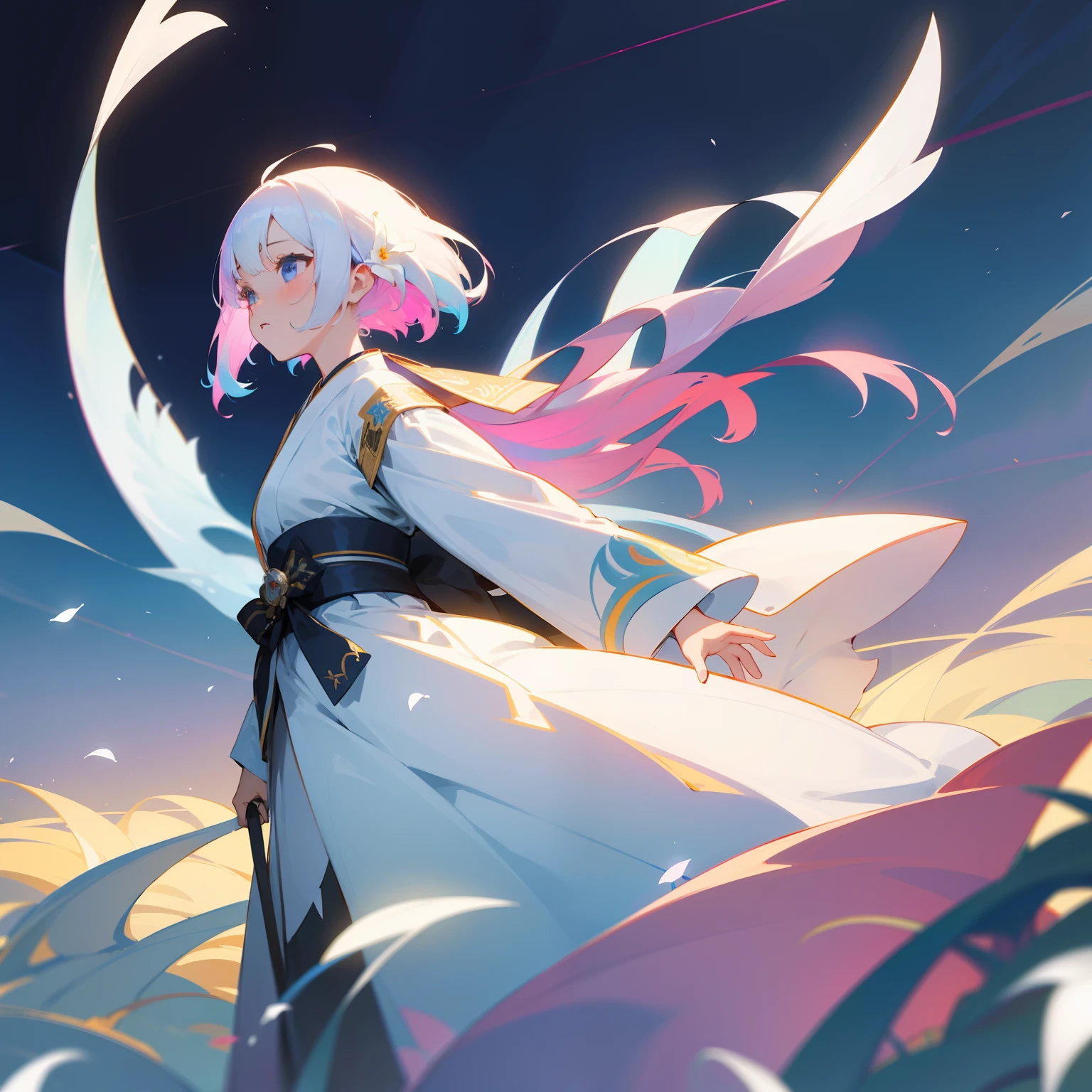 In a beautiful and aesthetic world、One girl stood。Her white, colorful hair flutters in the wind、The figure was as pure and innocent as a lily flower.。Her multicolored white kimono is、Surrounded her as a symbol of majesty and glory。Her figure is as innocent as the Virgin.、He was noble and gave off a proud aura.。Around her、A fantastic atmosphere、In it she shone as the most beautiful being.。