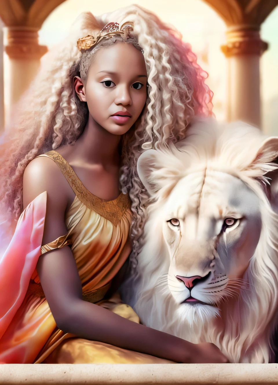 Image of a woman with a lion in a palace, gorgeous goddess of leo, Princesa negra africana, Princesa africana deslumbrante, deusa jovem, retrato bonito da arte da fantasia, with the mane of a lion, beautiful animal pearl queen, Princesa Africana, africana de pele clara, bela arte digital, mulher linda, Magali Villeneuve», deusa bonita, leoa
